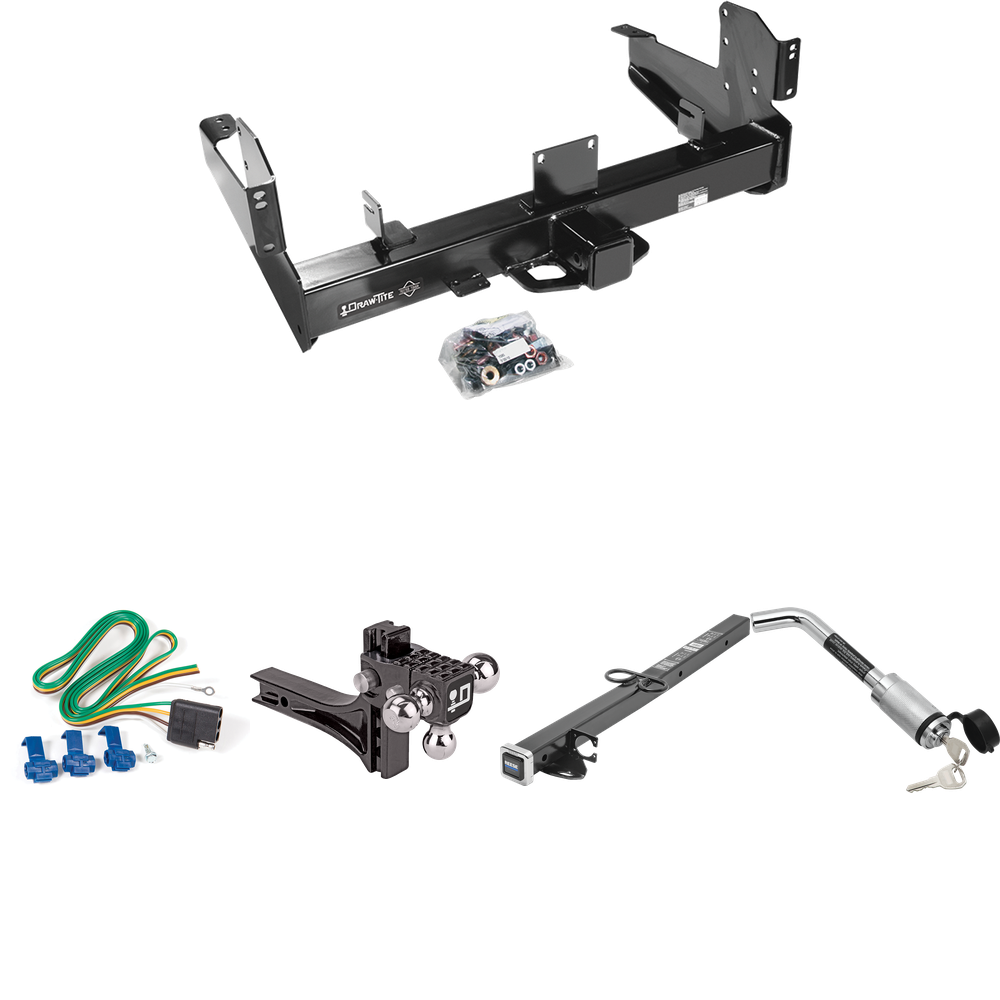 Fits 2011-2023 RAM 2500 Trailer Hitch Tow PKG w/ 4-Flat Wiring Harness + 2-1/2" to 2" Adapter 24" Length + Adjustable Drop Rise Triple Ball Ball Mount 1-7/8" & 2" & 2-5/16" Trailer Balls + Hitch Lock By Draw-Tite