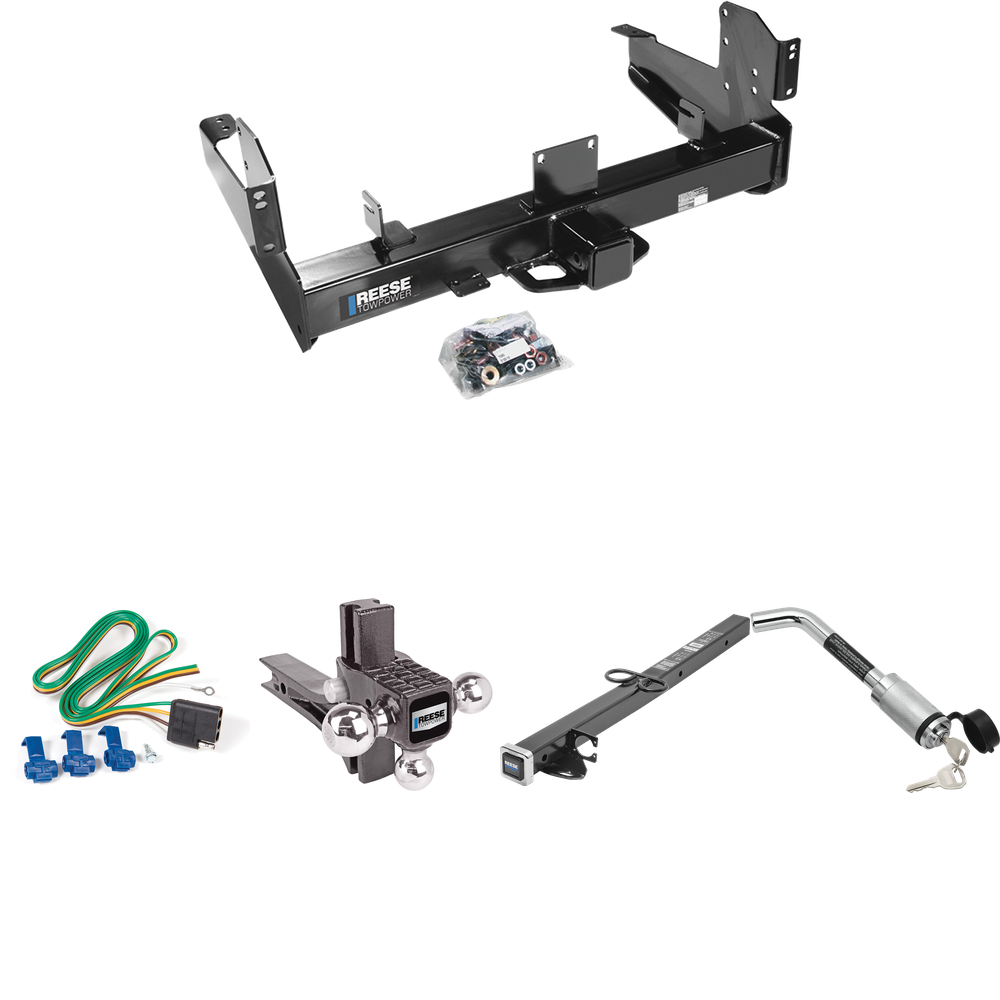 Fits 2003-2010 Dodge Ram 3500 Trailer Hitch Tow PKG w/ 4-Flat Wiring Harness + 2-1/2" to 2" Adapter 24" Length + Adjustable Drop Rise Triple Ball Ball Mount 1-7/8" & 2" & 2-5/16" Trailer Balls + Hitch Lock By Reese Towpower