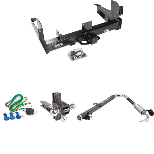 Fits 2003-2010 Dodge Ram 3500 Trailer Hitch Tow PKG w/ 4-Flat Wiring Harness + 2-1/2" to 2" Adapter 24" Length + Adjustable Drop Rise Triple Ball Ball Mount 1-7/8" & 2" & 2-5/16" Trailer Balls + Hitch Lock By Reese Towpower