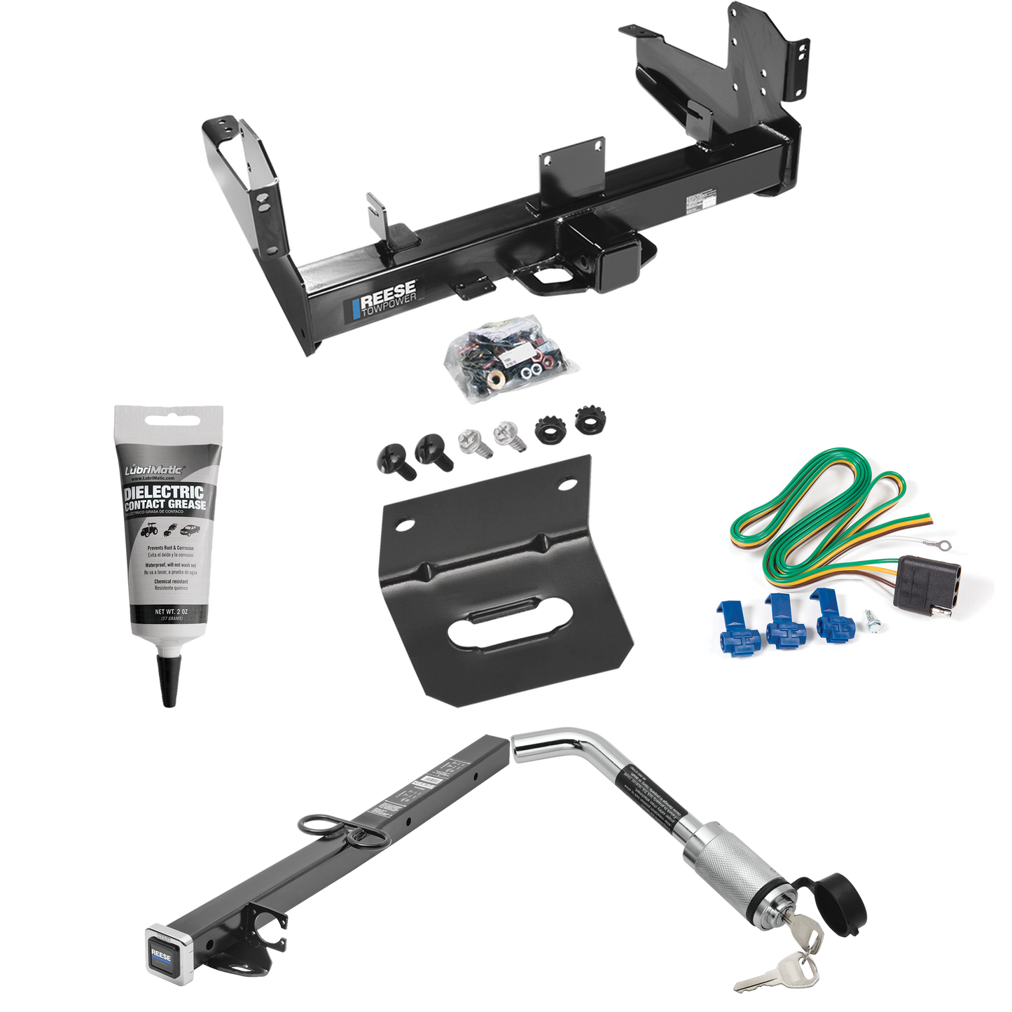 Fits 2011-2023 RAM 2500 Trailer Hitch Tow PKG w/ 4-Flat Wiring Harness + 2-1/2" to 2" Adapter 24" Length + Hitch Lock + Wiring Bracket + Electric Grease By Reese Towpower