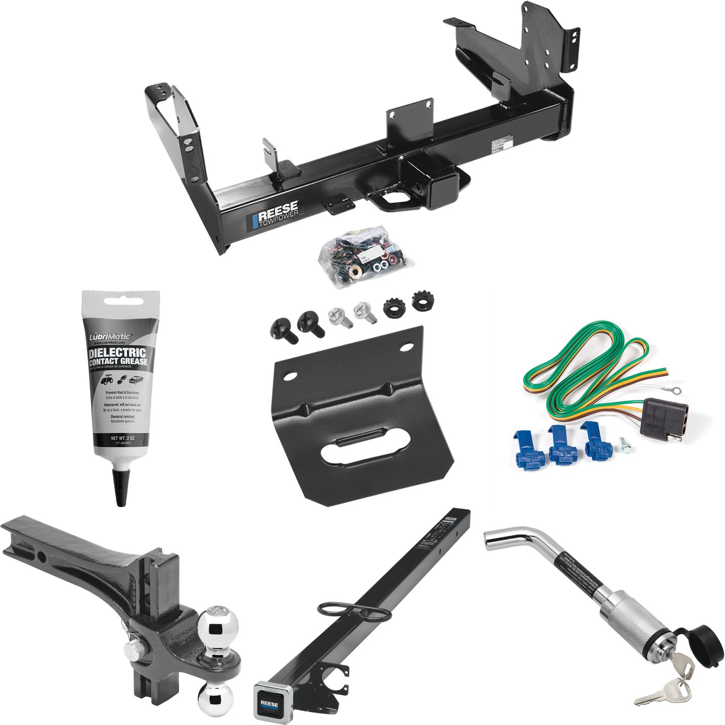 Fits 2003-2010 Dodge Ram 3500 Trailer Hitch Tow PKG w/ 4-Flat Wiring Harness + 2-1/2" to 2" Adapter 41" Length + Adjustable Drop Rise Dual Ball Ball Mount 2" & 2-5/16" Trailer Balls + Hitch Lock + Wiring Bracket + Electric Grease By Reese Towpower