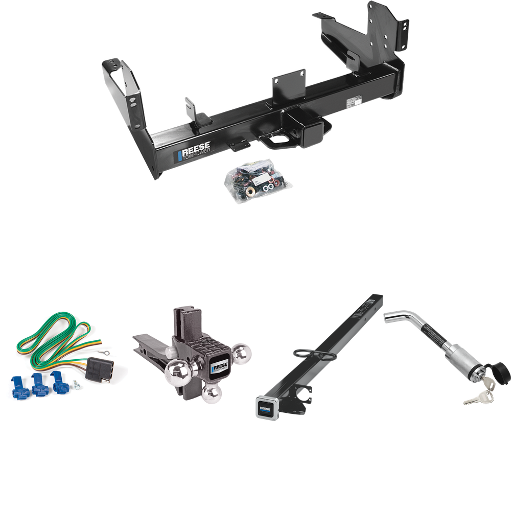 Fits 2003-2010 Dodge Ram 3500 Trailer Hitch Tow PKG w/ 4-Flat Wiring Harness + 2-1/2" to 2" Adapter 41" Length + Adjustable Drop Rise Triple Ball Ball Mount 1-7/8" & 2" & 2-5/16" Trailer Balls + Hitch Lock By Reese Towpower