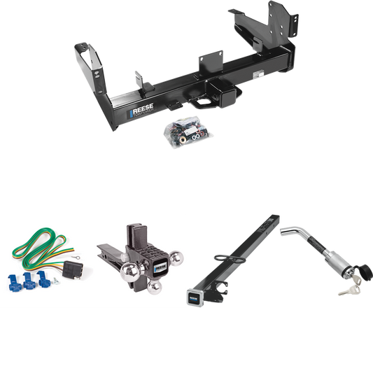 Fits 2003-2010 Dodge Ram 3500 Trailer Hitch Tow PKG w/ 4-Flat Wiring Harness + 2-1/2" to 2" Adapter 41" Length + Adjustable Drop Rise Triple Ball Ball Mount 1-7/8" & 2" & 2-5/16" Trailer Balls + Hitch Lock By Reese Towpower