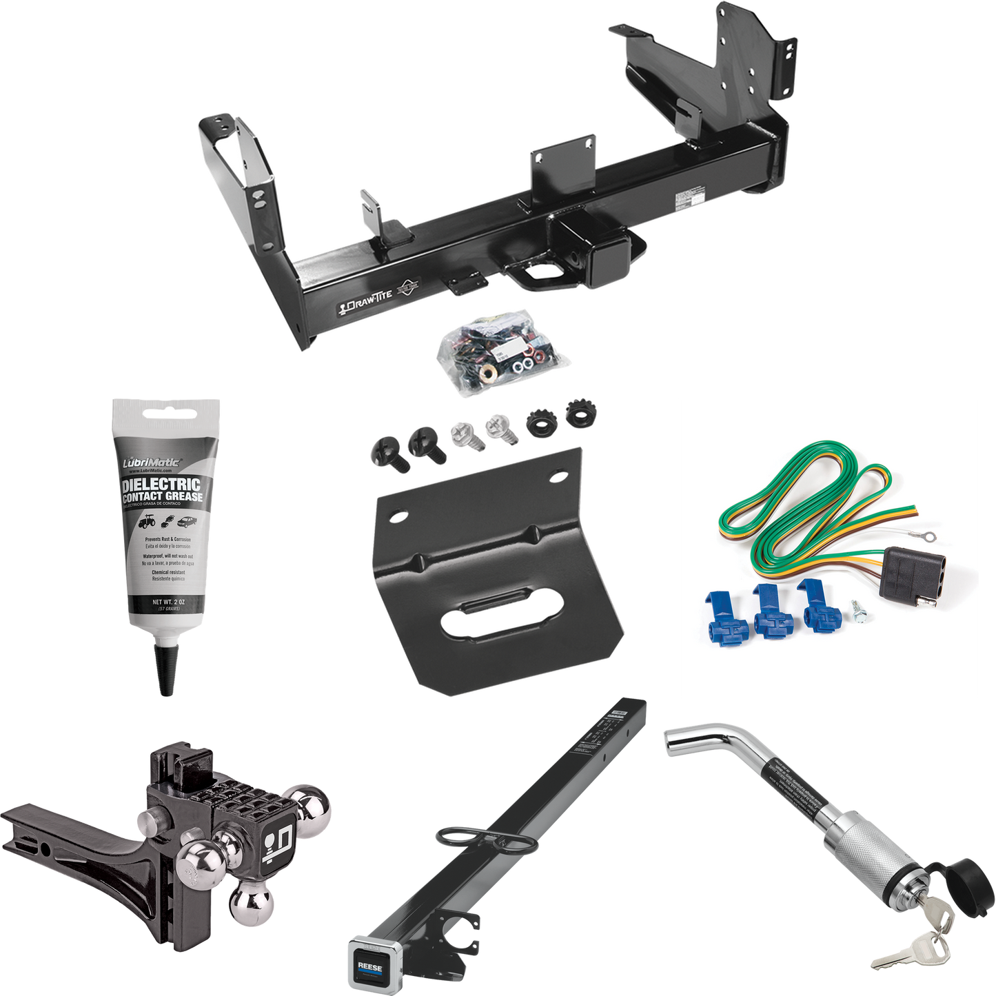 Fits 2003-2010 Dodge Ram 3500 Trailer Hitch Tow PKG w/ 4-Flat Wiring Harness + 2-1/2" to 2" Adapter 41" Length + Adjustable Drop Rise Triple Ball Ball Mount 1-7/8" & 2" & 2-5/16" Trailer Balls + Hitch Lock + Wiring Bracket + Electric Grease By Draw-T