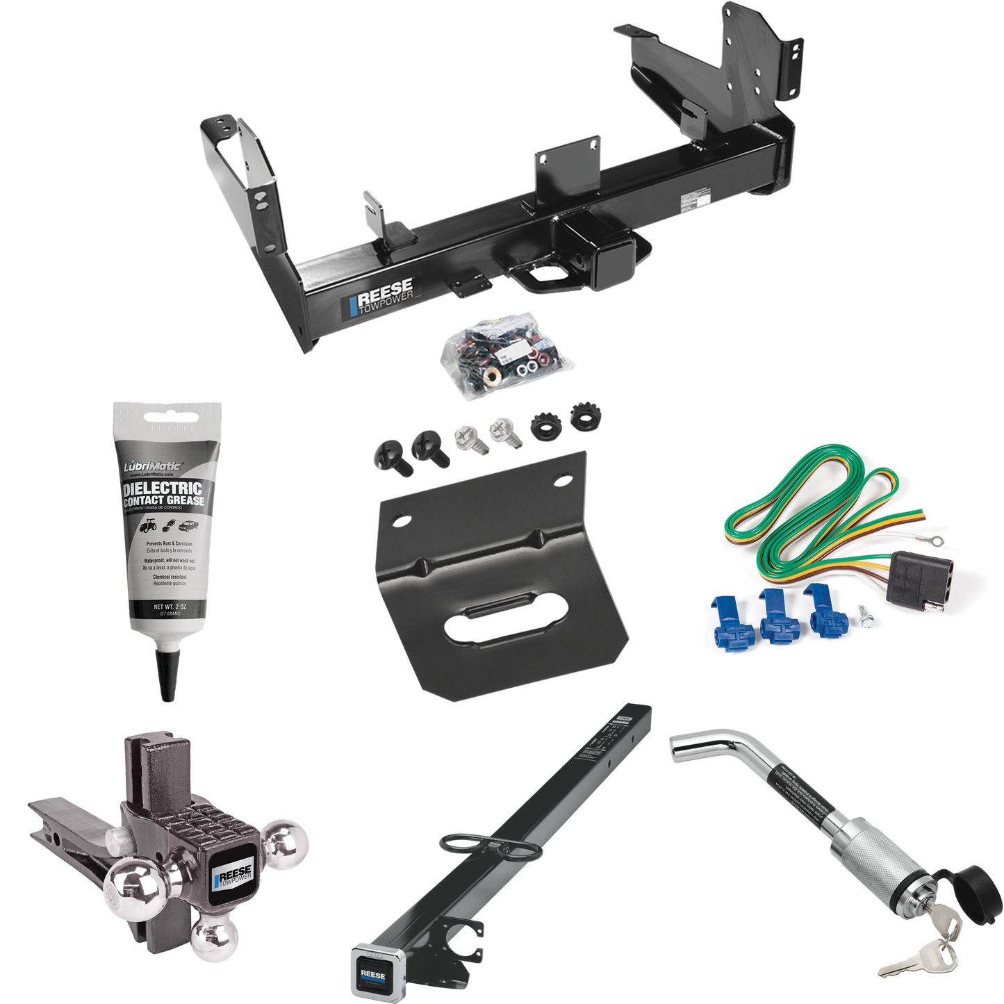 Fits 2003-2010 Dodge Ram 3500 Trailer Hitch Tow PKG w/ 4-Flat Wiring Harness + 2-1/2" to 2" Adapter 41" Length + Adjustable Drop Rise Triple Ball Ball Mount 1-7/8" & 2" & 2-5/16" Trailer Balls + Hitch Lock + Wiring Bracket + Electric Grease By Reese