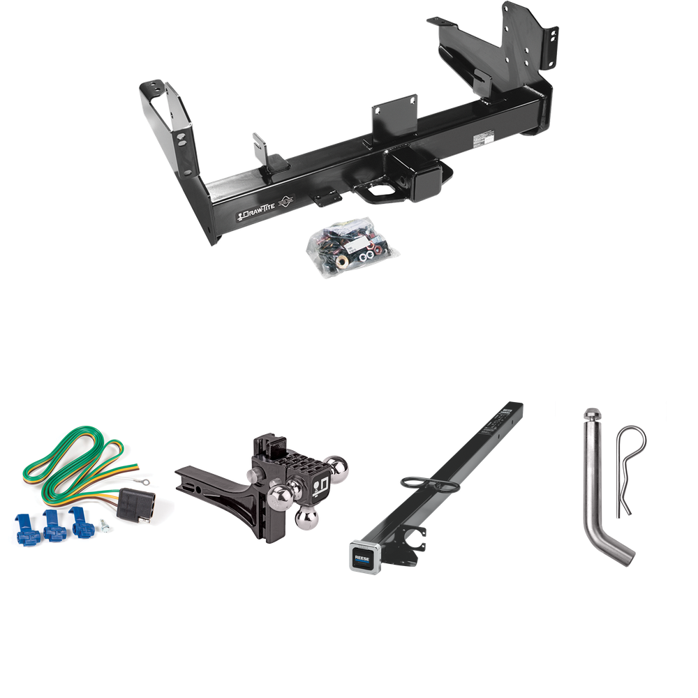 Fits 2011-2023 RAM 3500 Trailer Hitch Tow PKG w/ 4-Flat Wiring Harness + 2-1/2" to 2" Adapter 41" Length + Adjustable Drop Rise Triple Ball Ball Mount 1-7/8" & 2" & 2-5/16" Trailer Balls + Pin/Clip By Draw-Tite