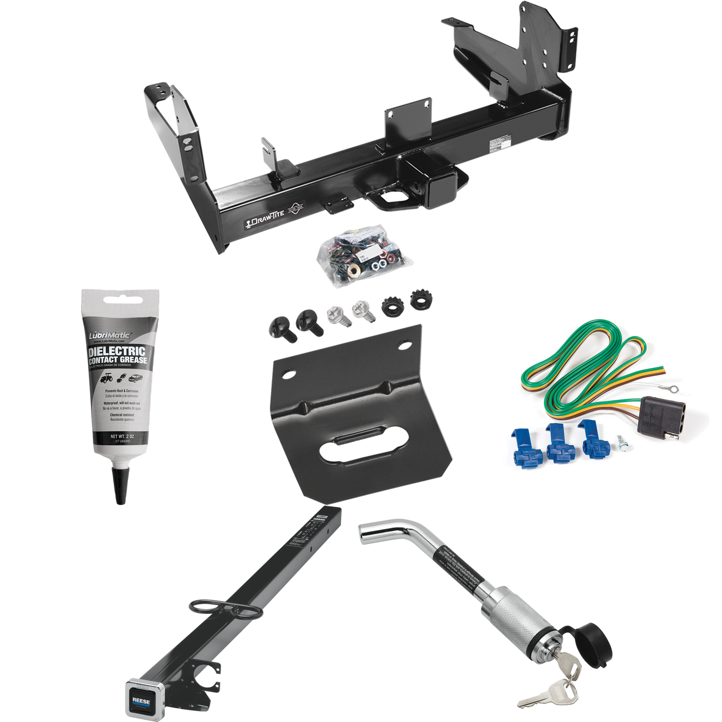 Se adapta al paquete de remolque con enganche de remolque RAM 2500 2011-2023 con arnés de cableado plano de 4 + adaptador de 2-1/2" a 2" de 41" de largo + bloqueo de enganche + soporte de cableado + grasa eléctrica de Draw-Tite