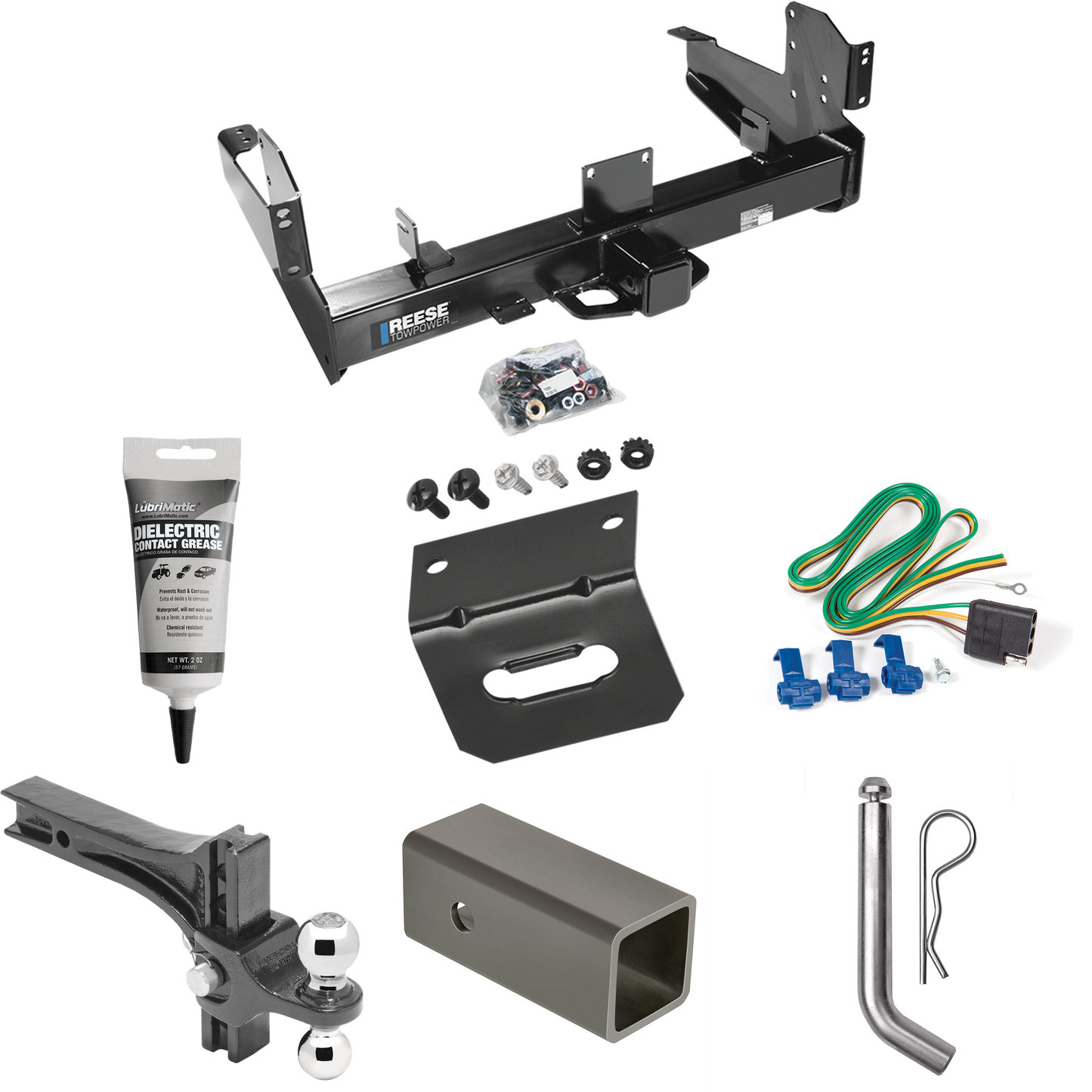 Fits 2011-2023 RAM 3500 Trailer Hitch Tow PKG w/ 4-Flat Wiring Harness + 2-1/2" to 2" Adapter 6" Length + Adjustable Drop Rise Dual Ball Ball Mount 2" & 2-5/16" Trailer Balls + Pin/Clip + Wiring Bracket + Electric Grease By Reese Towpower