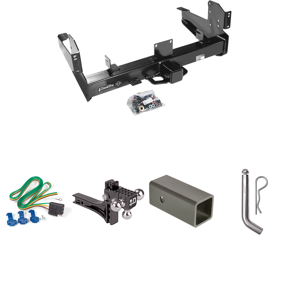 Fits 2003-2010 Dodge Ram 2500 Trailer Hitch Tow PKG w/ 4-Flat Wiring Harness + 2-1/2" to 2" Adapter 6" Length + Adjustable Drop Rise Triple Ball Ball Mount 1-7/8" & 2" & 2-5/16" Trailer Balls + Pin/Clip By Draw-Tite