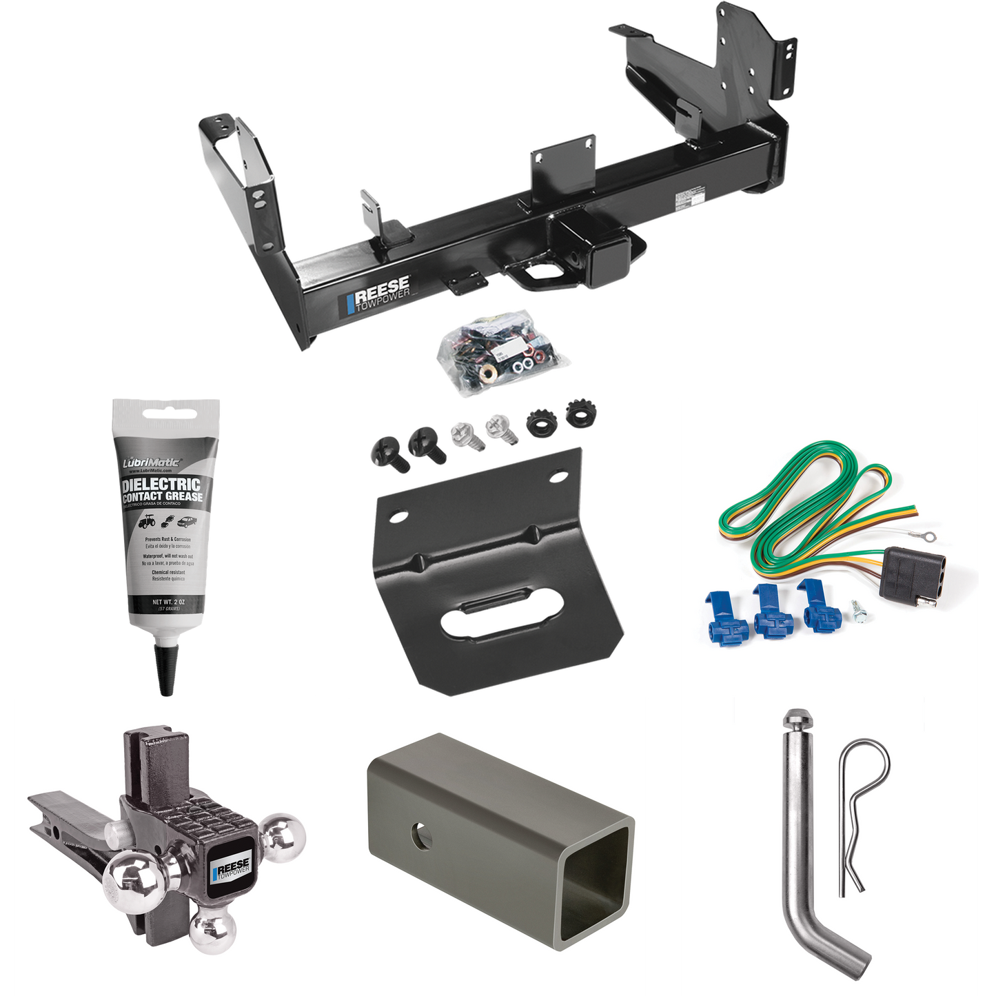 Fits 2011-2023 RAM 2500 Trailer Hitch Tow PKG w/ 4-Flat Wiring Harness + 2-1/2" to 2" Adapter 6" Length + Adjustable Drop Rise Triple Ball Ball Mount 1-7/8" & 2" & 2-5/16" Trailer Balls + Pin/Clip + Wiring Bracket + Electric Grease By Reese Towpower