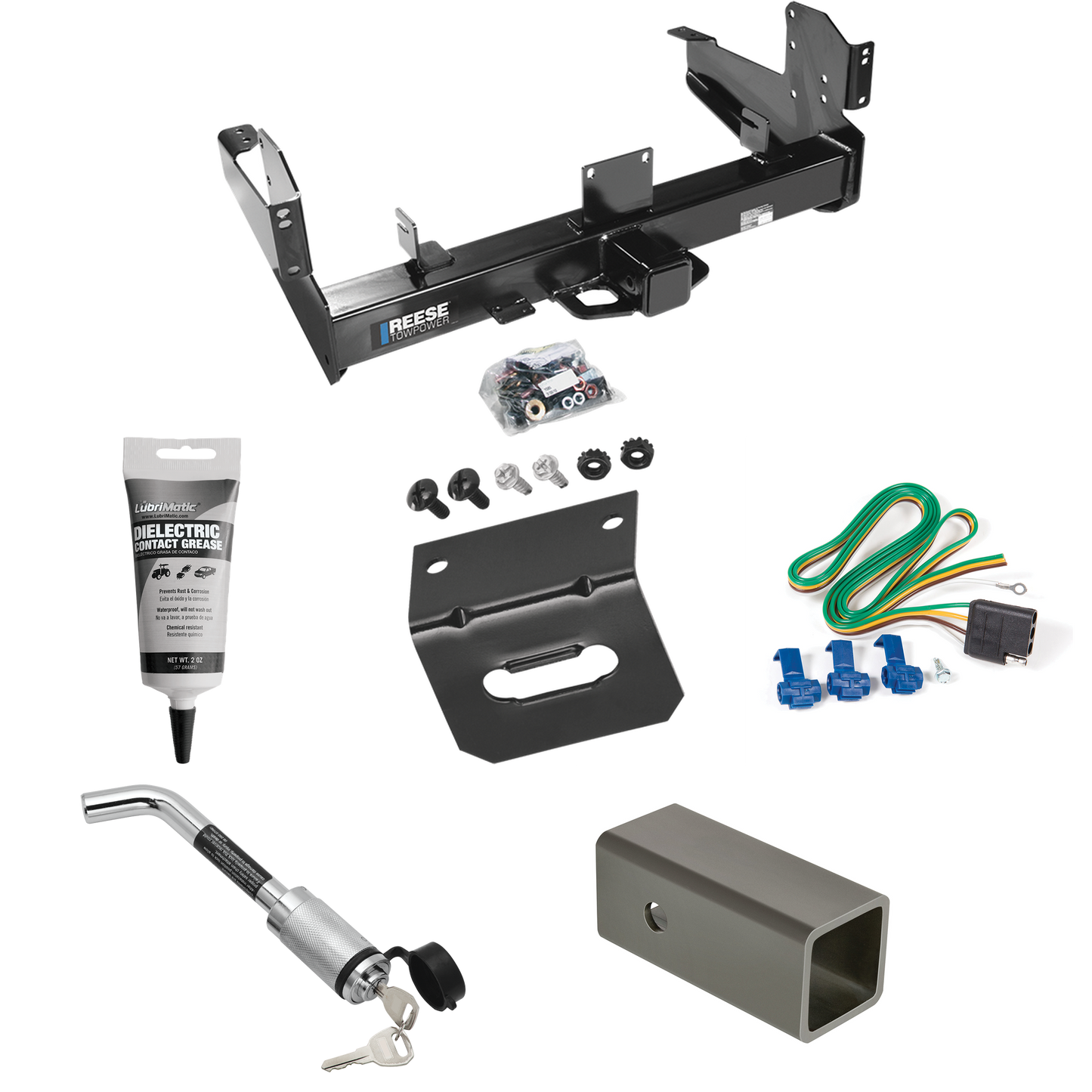 Se adapta al paquete de remolque con enganche para remolque Dodge Ram 3500 2003-2010 con arnés de cableado plano de 4 + adaptador de 2-1/2" a 2" de 6" de longitud + bloqueo de enganche + soporte de cableado + grasa eléctrica de Reese Towpower