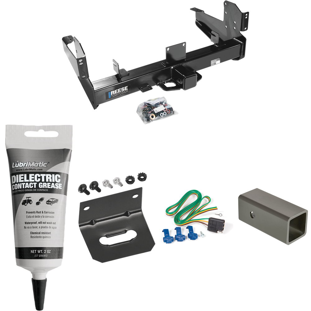 Fits 2003-2010 Dodge Ram 3500 Trailer Hitch Tow PKG w/ 4-Flat Wiring Harness + 2-1/2" to 2" Adapter 6" Length + Wiring Bracket + Electric Grease By Reese Towpower