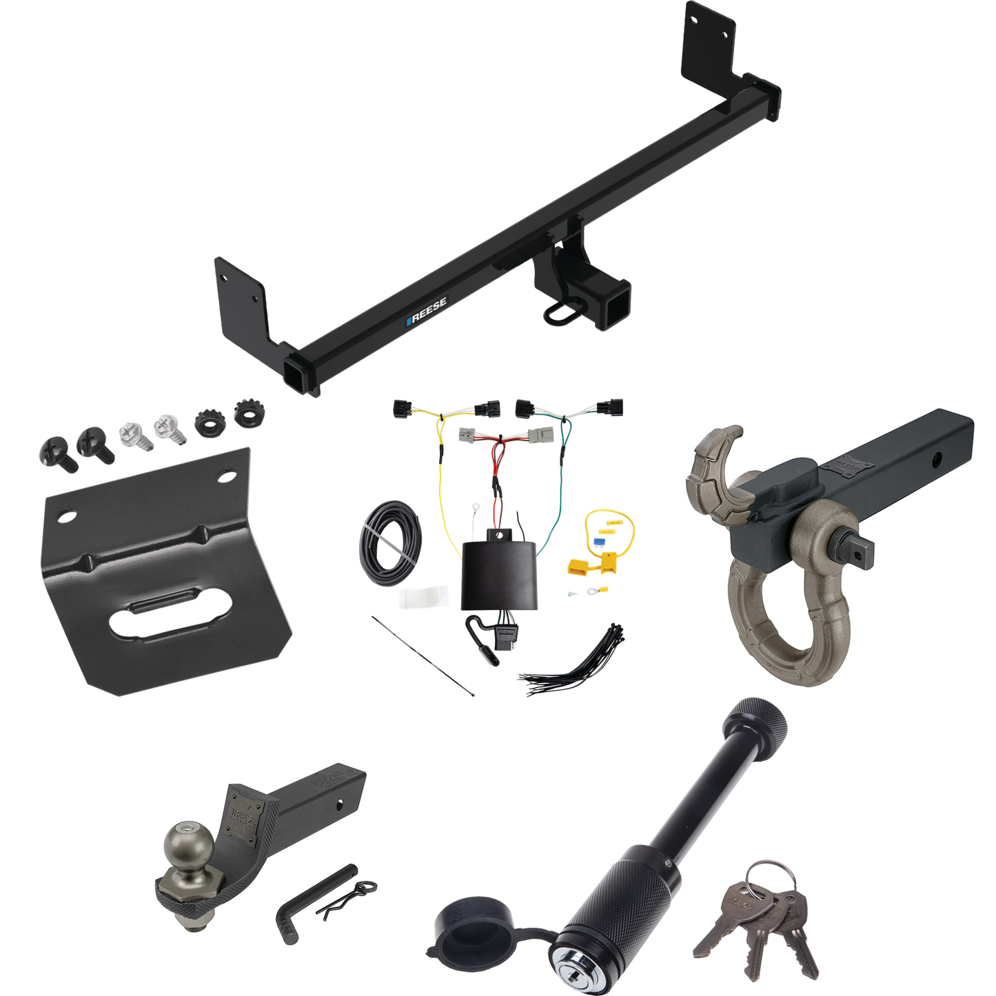 Fits 2018-2023 Hyundai Kona Trailer Hitch Tow PKG w/ 4-Flat Wiring + Interlock Tactical Starter Kit w/ 2" Drop & 2" Ball + Tactical Hook & Shackle Mount + Tactical Dogbone Lock + Wiring Bracket By Reese Towpower