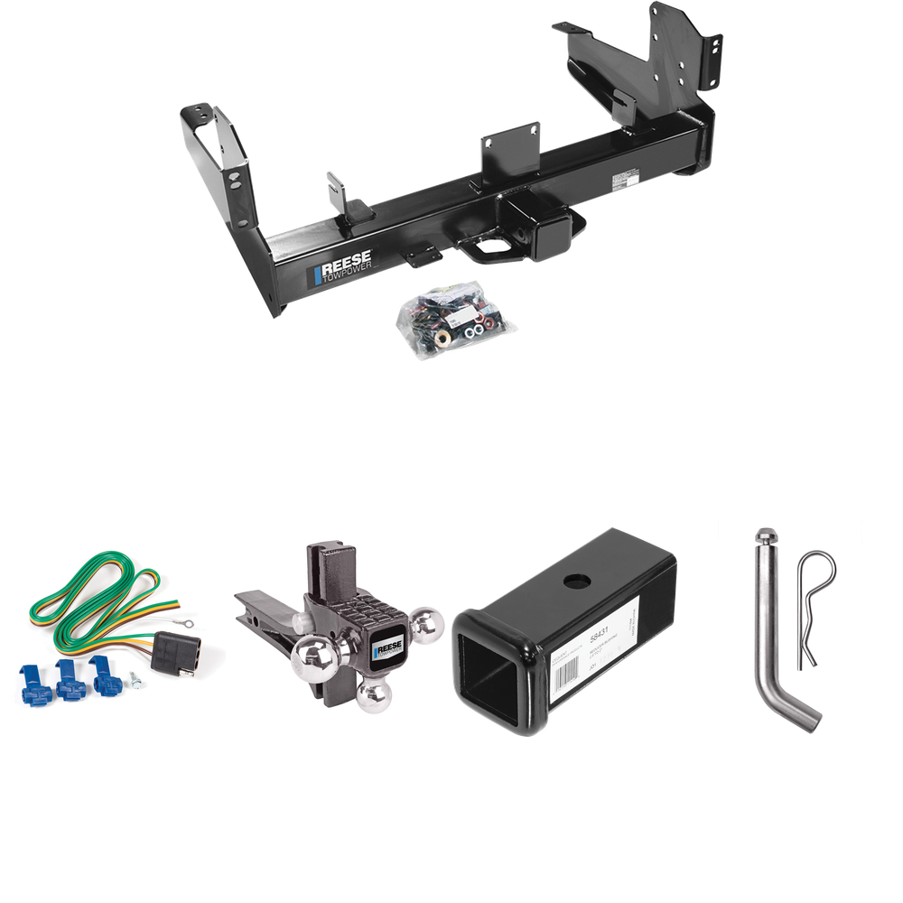 Fits 2003-2010 Dodge Ram 2500 Trailer Hitch Tow PKG w/ 4-Flat Wiring Harness + 2-1/2" to 2" Adapter 7" Length + Adjustable Drop Rise Triple Ball Ball Mount 1-7/8" & 2" & 2-5/16" Trailer Balls + Pin/Clip By Reese Towpower