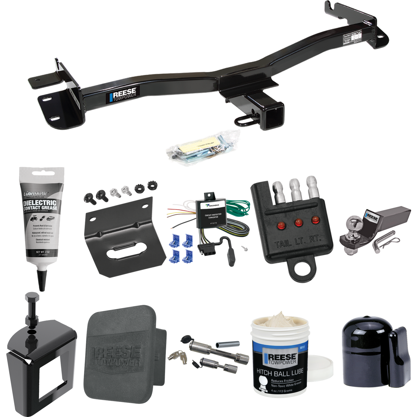 Fits 1998-2003 Toyota Sienna Trailer Hitch Tow PKG w/ 4-Flat Wiring + Starter Kit Ball Mount w/ 2" Drop & 2" Ball + 1-7/8" Ball + Wiring Bracket + Dual Hitch & Coupler Locks + Hitch Cover + Wiring Tester + Ball Lube + Electric Grease + Ball Wrench +