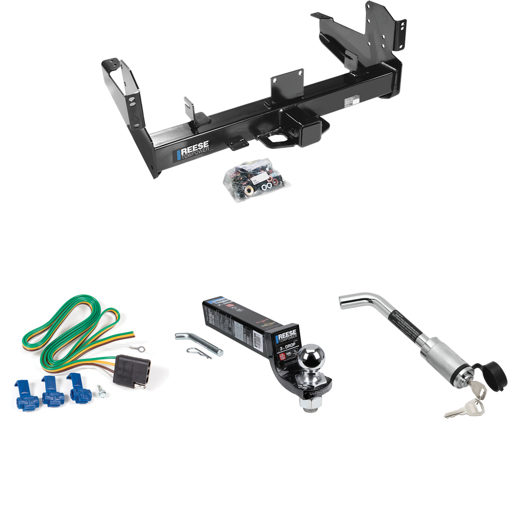 Fits 2011-2023 RAM 3500 Trailer Hitch Tow PKG w/ 4-Flat Wiring Harness + Interlock Ball Mount Starter Kit 3" Drop w/ 2" Ball + Hitch Lock By Reese Towpower