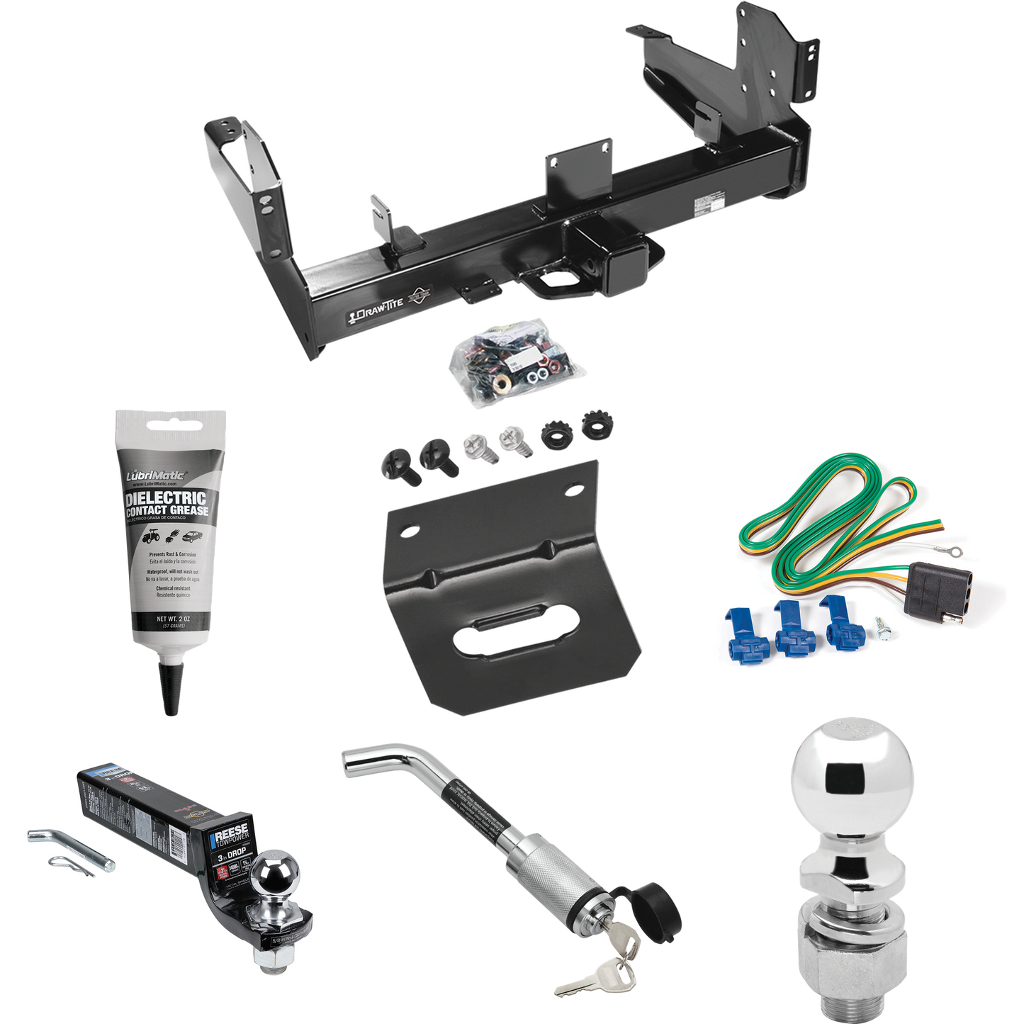 Fits 2011-2023 RAM 2500 Trailer Hitch Tow PKG w/ 4-Flat Wiring Harness + Interlock Ball Mount Starter Kit 3" Drop w/ 2" Ball + Hitch Lock + 2-5/16" Ball + Hitch Lock + Wiring Bracket + Electric Grease By Draw-Tite