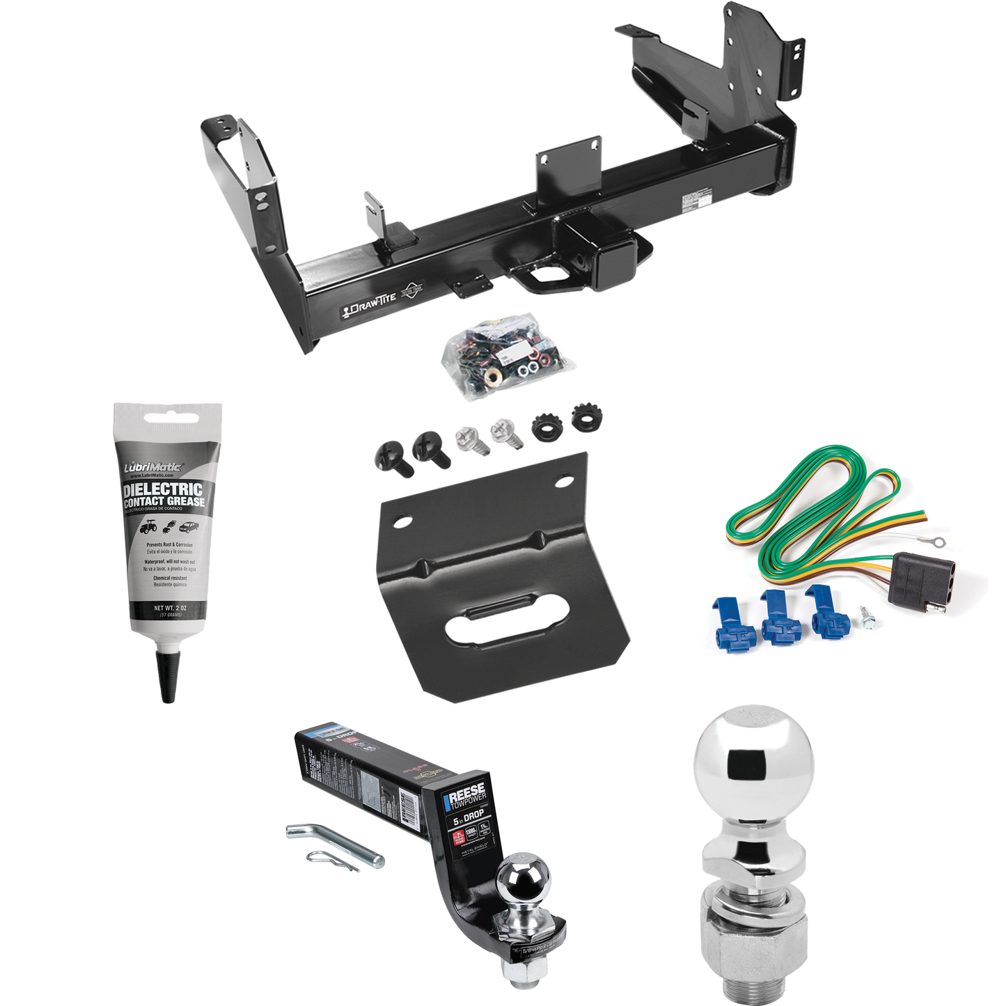 Fits 2003-2010 Dodge Ram 2500 Trailer Hitch Tow PKG w/ 4-Flat Wiring Harness + Interlock Ball Mount Starter Kit 5" Drop w/ 2" Ball + 2-5/16" Ball + Wiring Bracket + Electric Grease By Draw-Tite