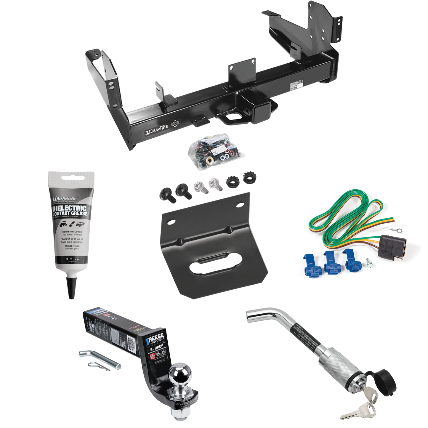 Fits 2003-2010 Dodge Ram 2500 Trailer Hitch Tow PKG w/ 4-Flat Wiring Harness + Interlock Ball Mount Starter Kit 5" Drop w/ 2" Ball + Hitch Lock + Wiring Bracket + Electric Grease By Draw-Tite