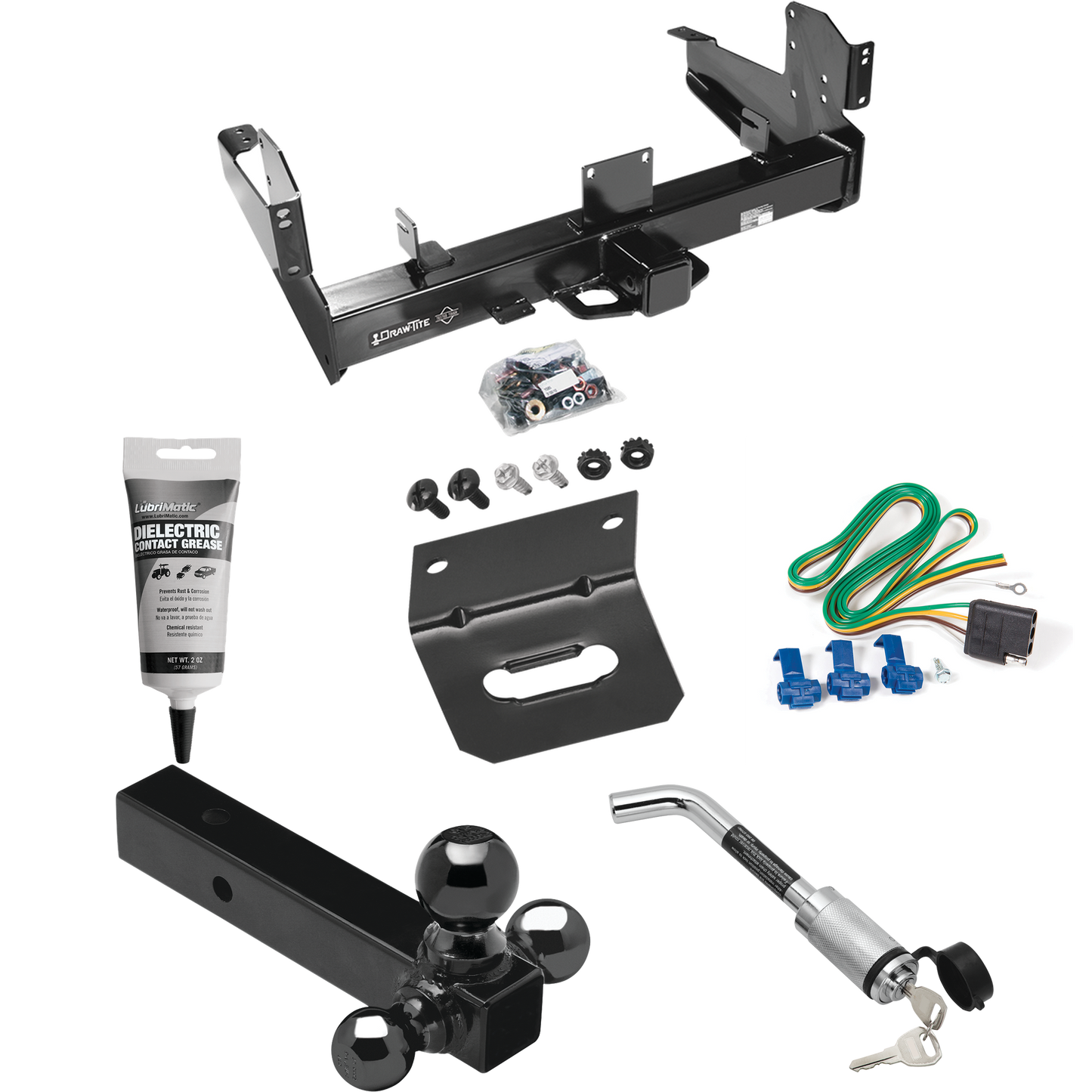 Fits 2003-2010 Dodge Ram 2500 Trailer Hitch Tow PKG w/ 4-Flat Wiring Harness + Triple Ball Ball Mount 1-7/8" & 2" & 2-5/16" Trailer Balls + Hitch Lock + Wiring Bracket + Electric Grease By Draw-Tite