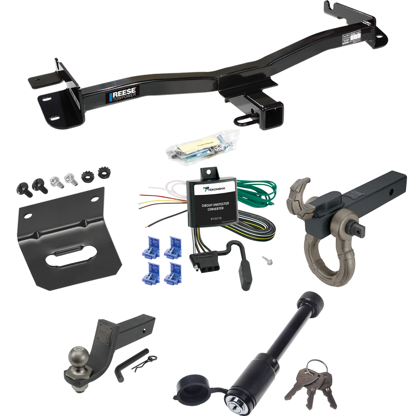 Fits 1998-2003 Toyota Sienna Trailer Hitch Tow PKG w/ 4-Flat Wiring + Interlock Tactical Starter Kit w/ 3-1/4" Drop & 2" Ball + Tactical Hook & Shackle Mount + Tactical Dogbone Lock + Wiring Bracket By Reese Towpower