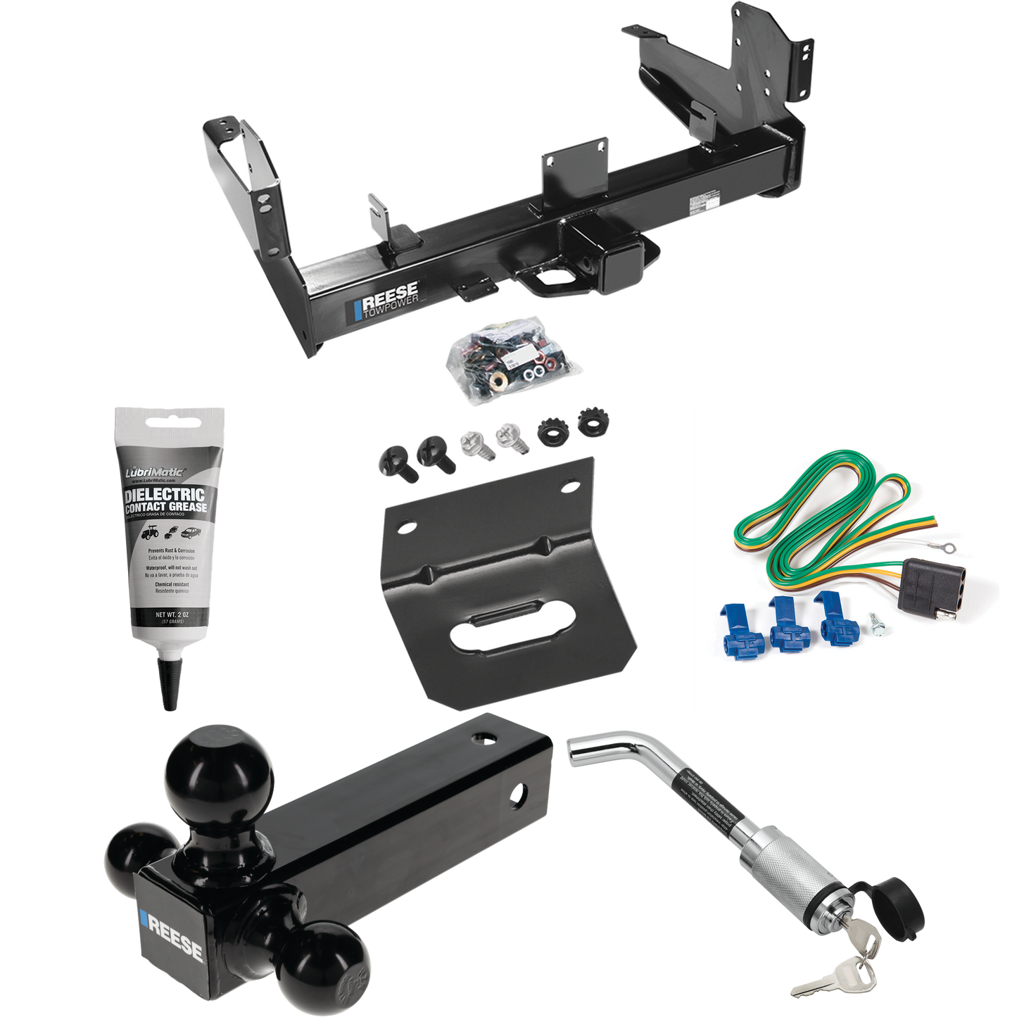 Fits 2011-2023 RAM 2500 Trailer Hitch Tow PKG w/ 4-Flat Wiring Harness + Triple Ball Ball Mount 1-7/8" & 2" & 2-5/16" Trailer Balls + Hitch Lock + Wiring Bracket + Electric Grease By Reese Towpower