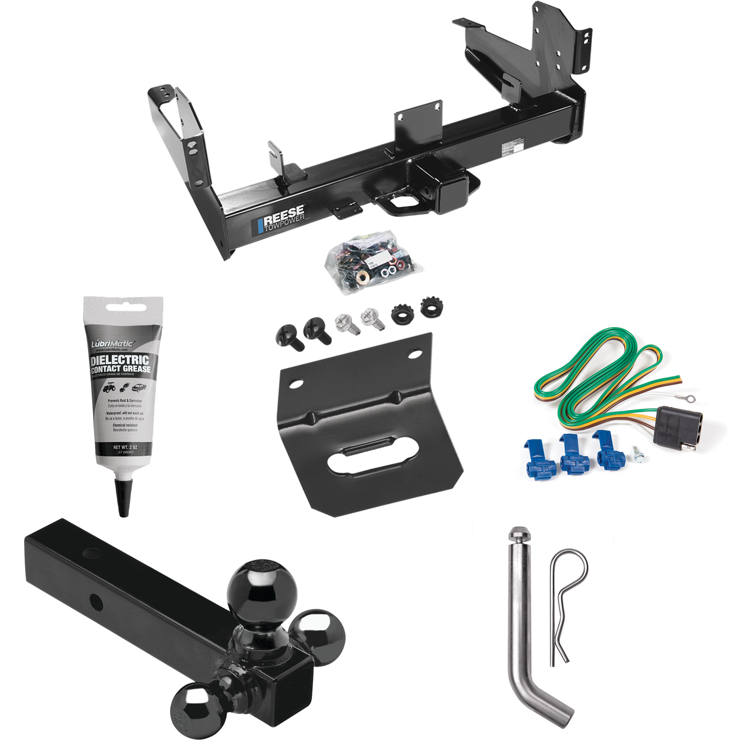 Fits 2011-2023 RAM 3500 Trailer Hitch Tow PKG w/ 4-Flat Wiring Harness + Triple Ball Ball Mount 1-7/8" & 2" & 2-5/16" Trailer Balls + Pin/Clip + Wiring Bracket + Electric Grease By Reese Towpower