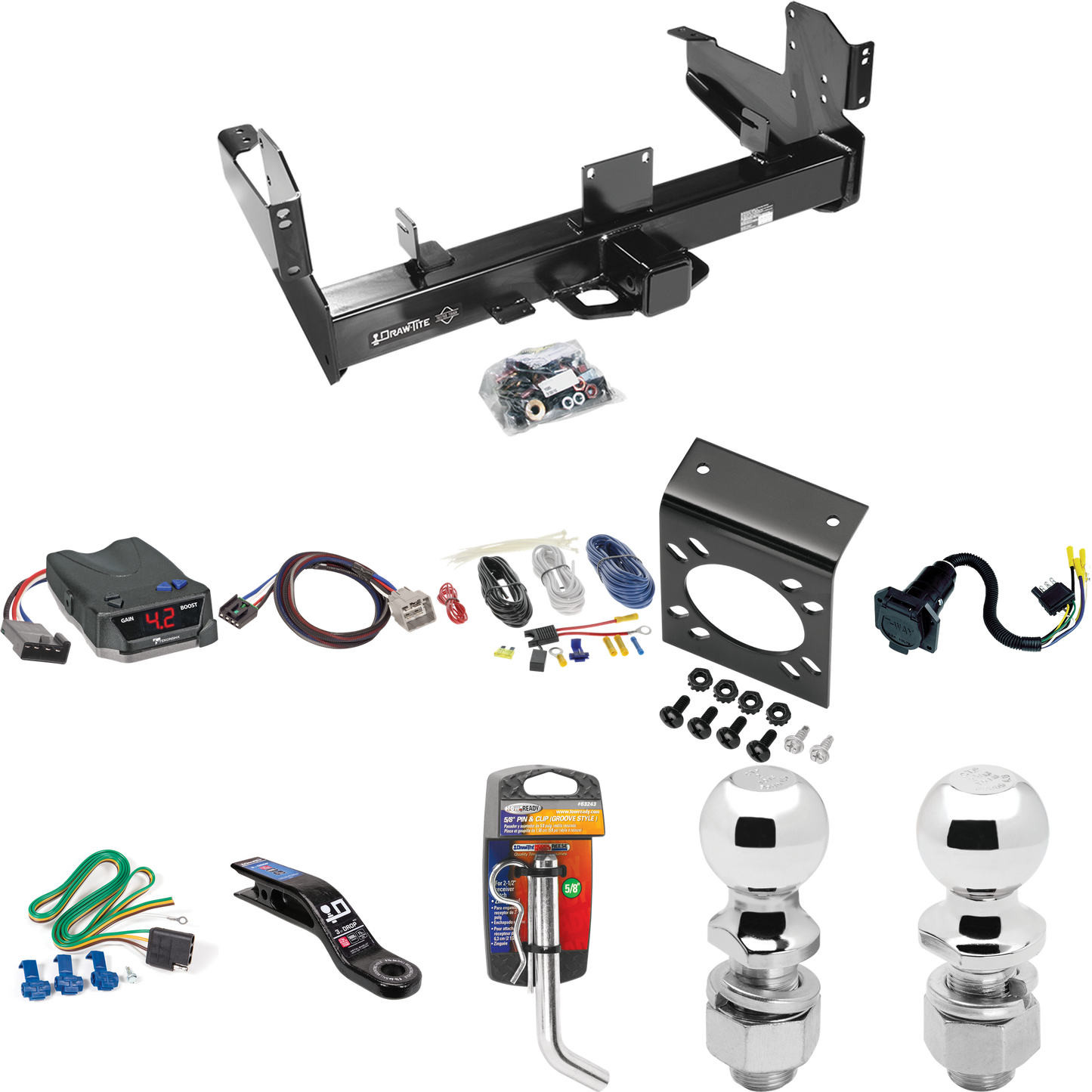 Fits 2011-2012 RAM 3500 Trailer Hitch Tow PKG w/ Tekonsha BRAKE-EVN Brake Control + Plug & Play BC Adapter + 7-Way RV Wiring + 2" & 2-5/16" Ball & Drop Mount By Draw-Tite