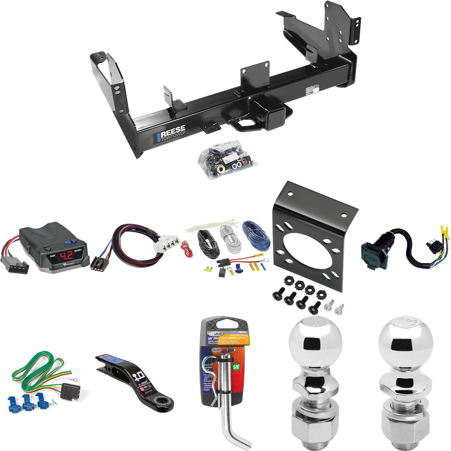 Fits 2003-2009 Dodge Ram 3500 Trailer Hitch Tow PKG w/ Tekonsha BRAKE-EVN Brake Control + Plug & Play BC Adapter + 7-Way RV Wiring + 2" & 2-5/16" Ball & Drop Mount By Reese Towpower