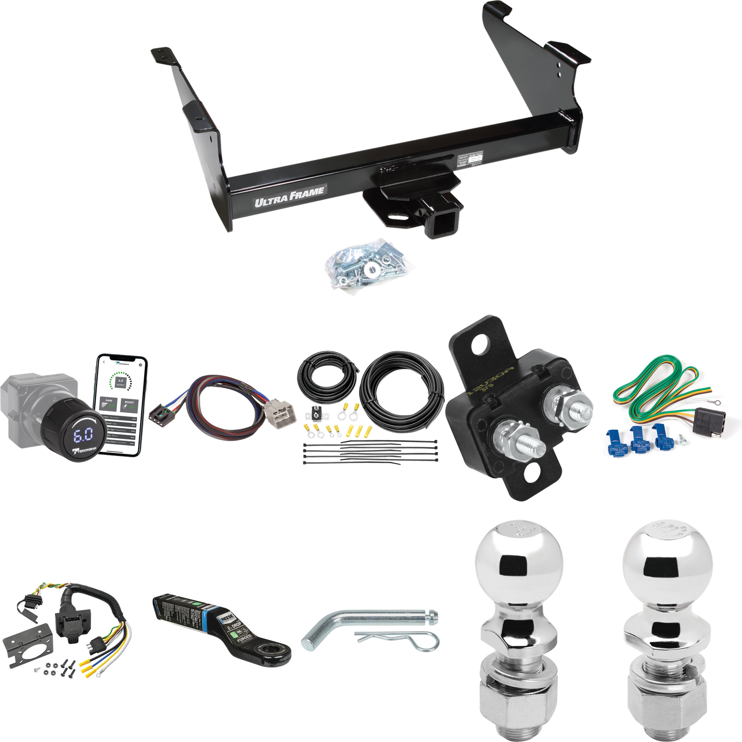 Se adapta al paquete de enganche de remolque RAM 2500 2011-2012 con control de freno inalámbrico Bluetooth Tekonsha Prodigy iD + adaptador BC Plug &amp; Play + cableado RV de 7 vías + soporte de bola y caída de 2" y 2-5/16" de Draw-Tite