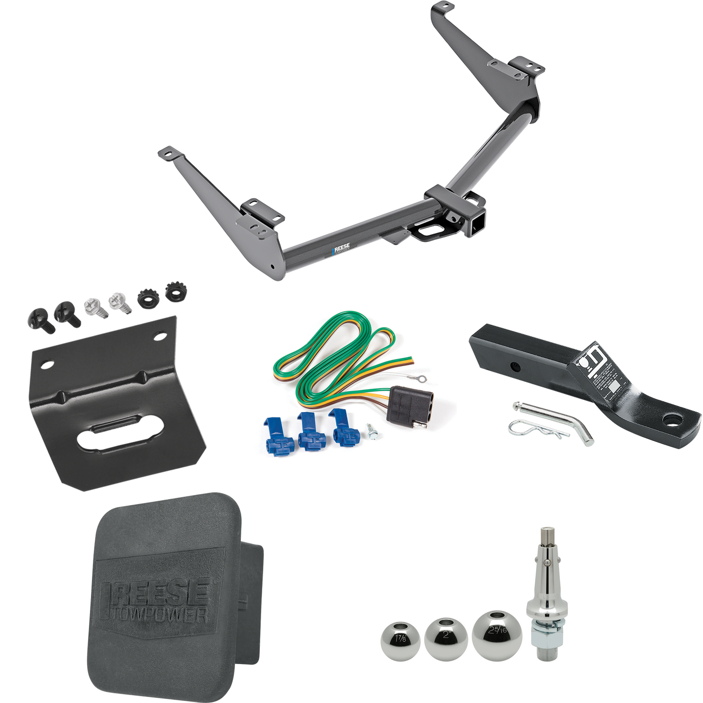 Fits 2017-2024 Nissan Titan Trailer Hitch Tow PKG w/ 4-Flat Wiring + Ball Mount w/ 2" Drop + Interchangeable Ball 1-7/8" & 2" & 2-5/16" + Wiring Bracket + Hitch Cover (Excludes: Titan XD or w/Factory 7-Way Wiring Models) By Reese Towpower