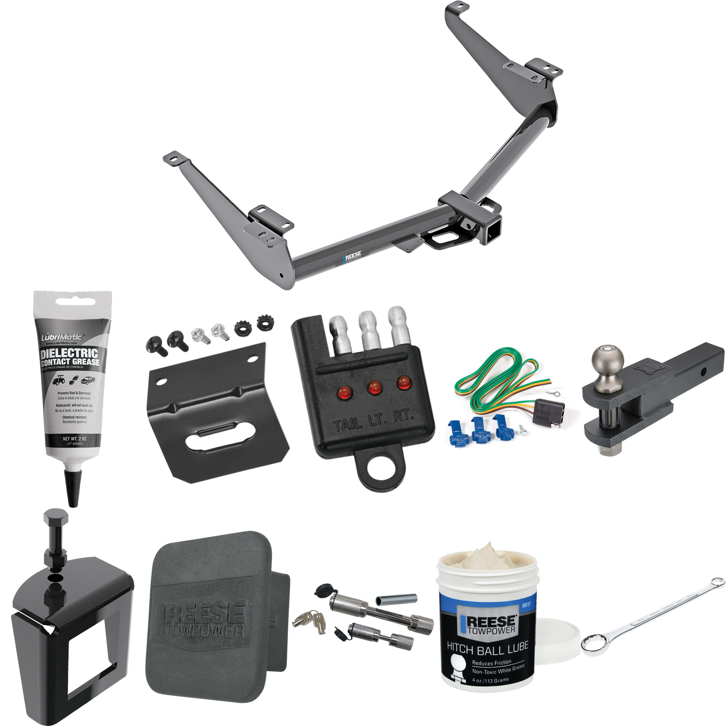 Fits 2017-2024 Nissan Titan Trailer Hitch Tow PKG w/ 4-Flat Wiring + Clevis Hitch Ball Mount w/ 2" Ball + Wiring Bracket + Hitch Cover + Dual Hitch & Coupler Locks + Wiring Tester + Ball Lube + Electric Grease + Ball Wrench + Anti Rattle Device (Excl