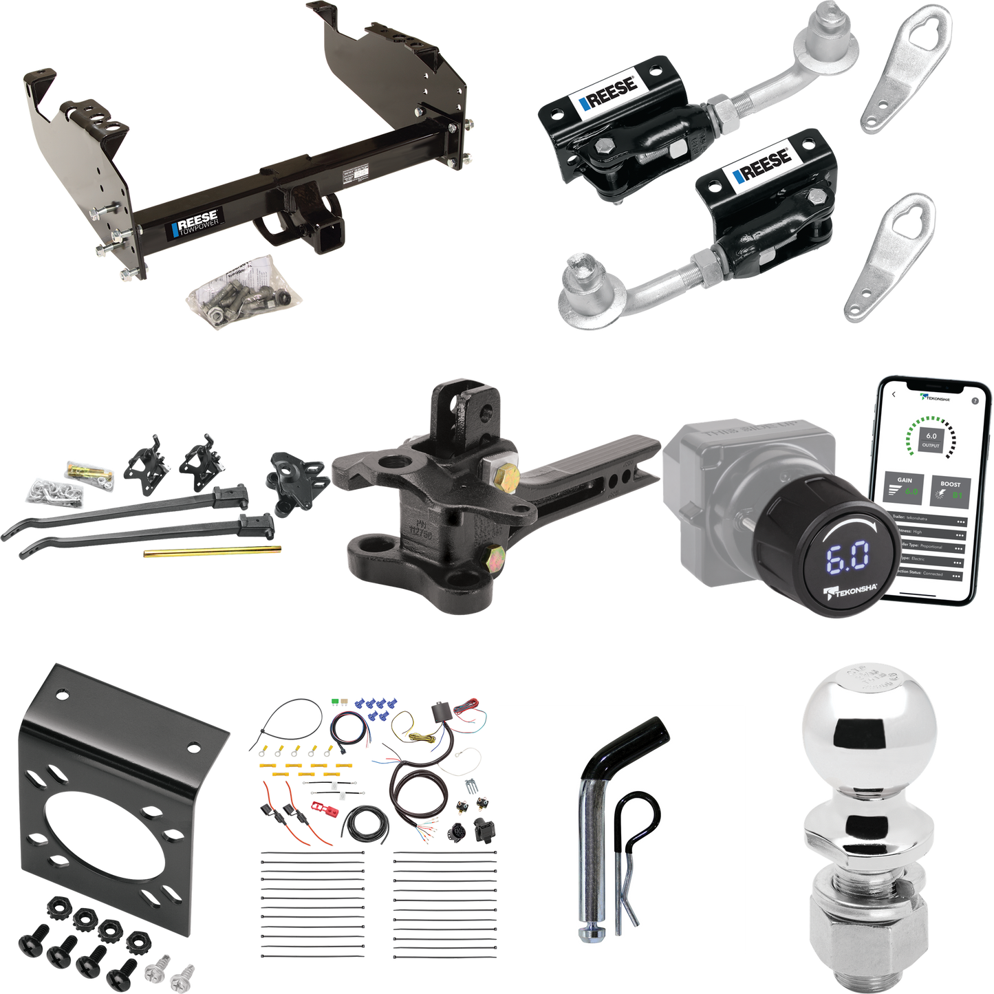 Fits 2008-2010 Dodge Ram 4500 Trailer Hitch Tow PKG w/ 17K Trunnion Bar Weight Distribution Hitch + Pin/Clip + Dual Cam Sway Control + 2-5/16" Ball + Tekonsha Prodigy iD Bluetooth Wireless Brake Control + 7-Way RV Wiring (For Cab & Chassis, w/34" Wid