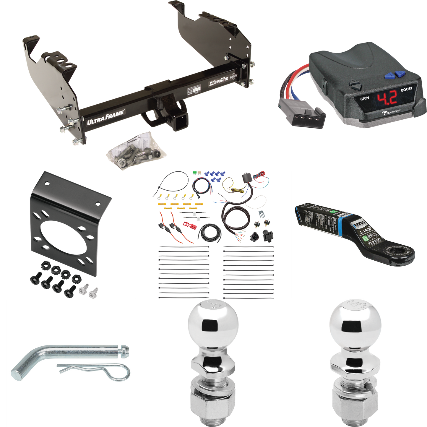 Fits 2008-2009 Sterling Truck Bullet 55 Trailer Hitch Tow PKG w/ Tekonsha BRAKE-EVN Brake Control + 7-Way RV Wiring + 2" & 2-5/16" Ball & Drop Mount (For w/34" Wide Frames Models) By Draw-Tite