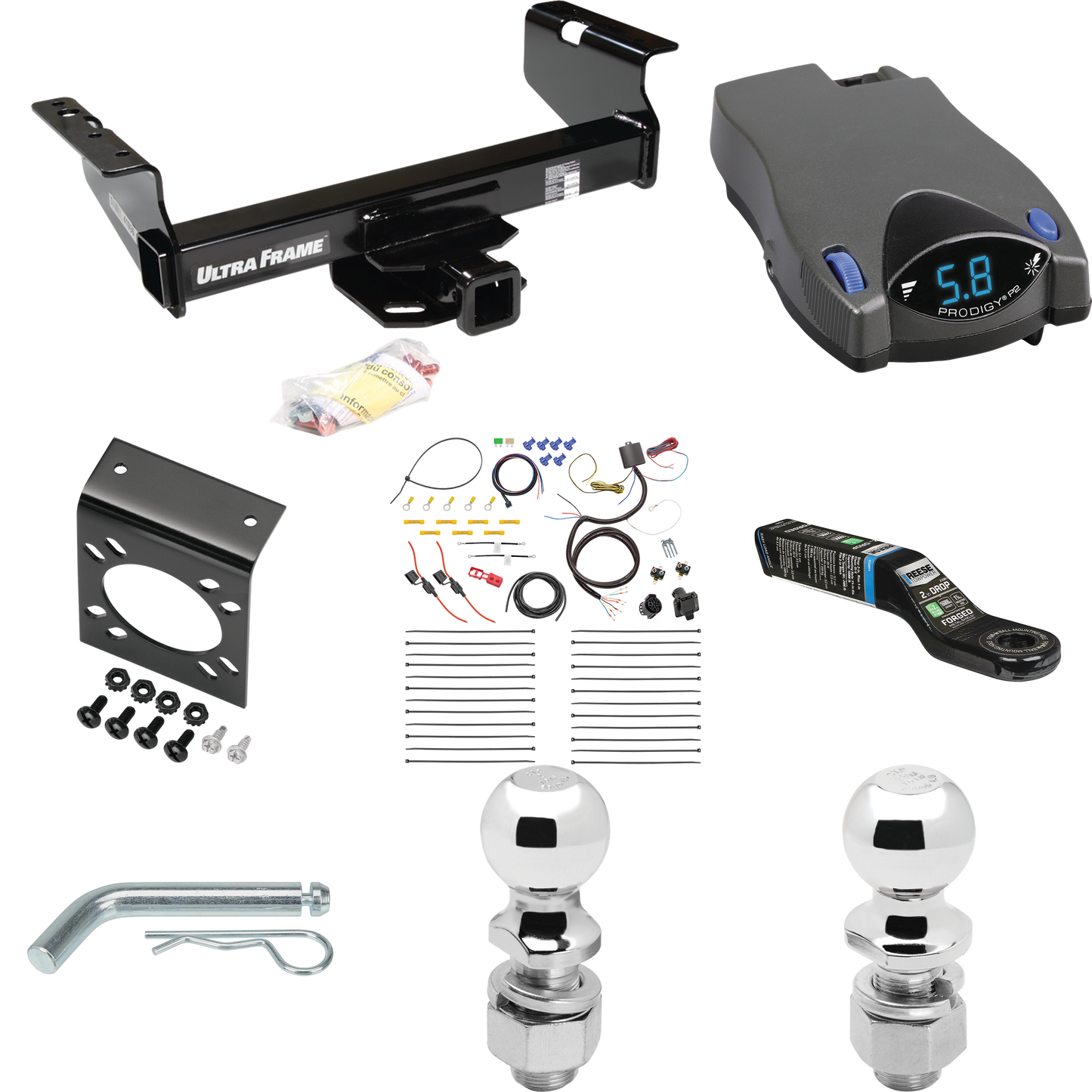 Fits 2008-2009 Sterling Truck Bullet 55 Trailer Hitch Tow PKG w/ Tekonsha Prodigy P2 Brake Control + 7-Way RV Wiring + 2" & 2-5/16" Ball & Drop Mount (For w/34" Wide Frames Models) By Draw-Tite