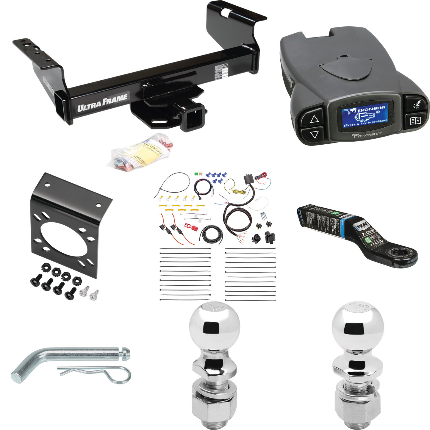 Fits 2008-2010 Dodge Ram 4500 Trailer Hitch Tow PKG w/ Tekonsha Prodigy P3 Brake Control + 7-Way RV Wiring + 2" & 2-5/16" Ball & Drop Mount (For Cab & Chassis, w/34" Wide Frames Models) By Draw-Tite