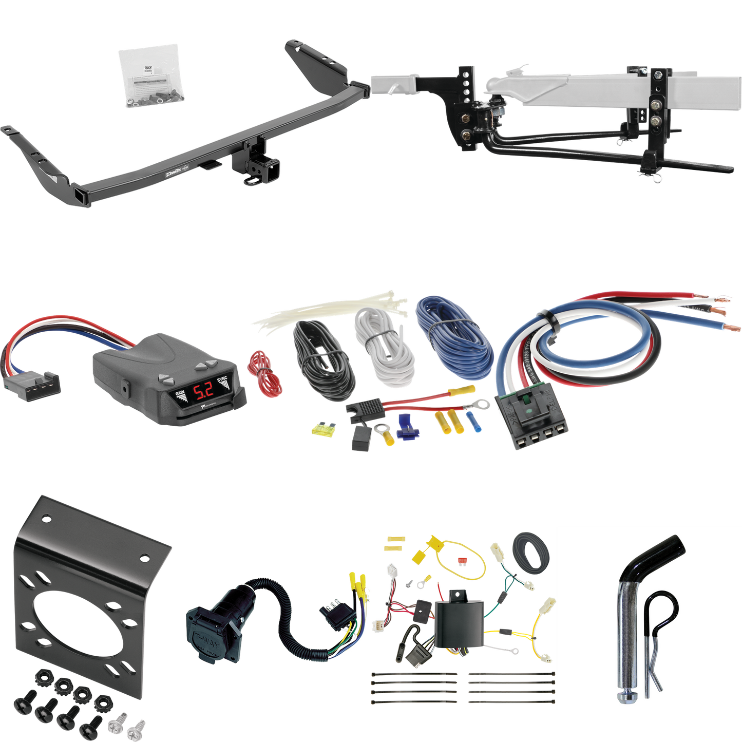 Fits 2015-2020 Toyota Sienna Trailer Hitch Tow PKG w/ 6K Round Bar Weight Distribution Hitch w/ 2-5/16" Ball + Pin/Clip + Tekonsha Brakeman IV Brake Control + Generic BC Wiring Adapter + 7-Way RV Wiring (For SE Models) By Draw-Tite