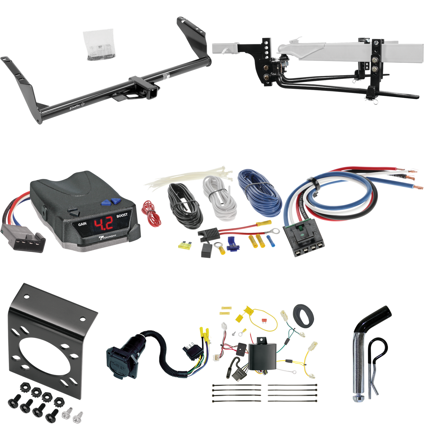 Fits 2015-2020 Toyota Sienna Trailer Hitch Tow PKG w/ 6K Round Bar Weight Distribution Hitch w/ 2-5/16" Ball + Pin/Clip + Tekonsha BRAKE-EVN Brake Control + Generic BC Wiring Adapter + 7-Way RV Wiring (For SE Models) By Draw-Tite