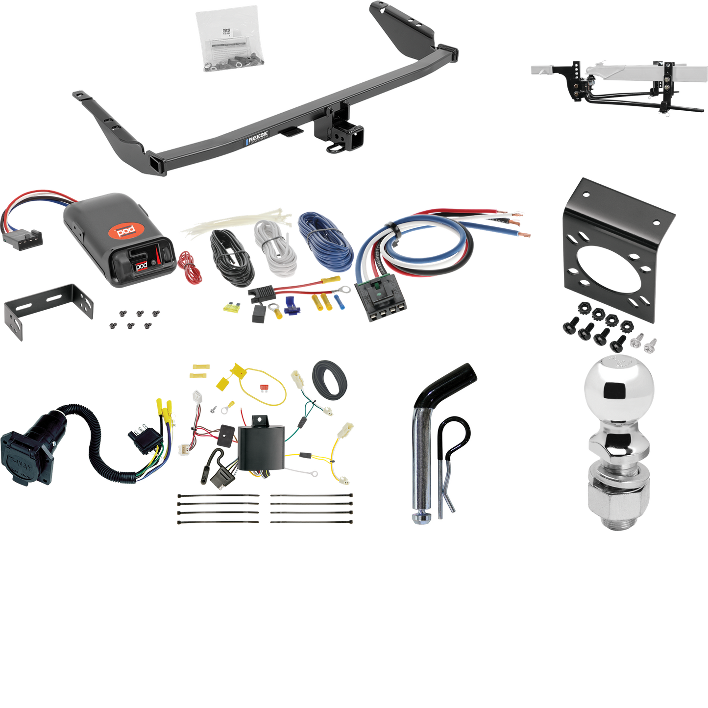 Fits 2015-2020 Toyota Sienna Trailer Hitch Tow PKG w/ 6K Round Bar Weight Distribution Hitch w/ 2-5/16" Ball + 2" Ball + Pin/Clip + Pro Series POD Brake Control + Generic BC Wiring Adapter + 7-Way RV Wiring (For SE Models) By Reese Towpower