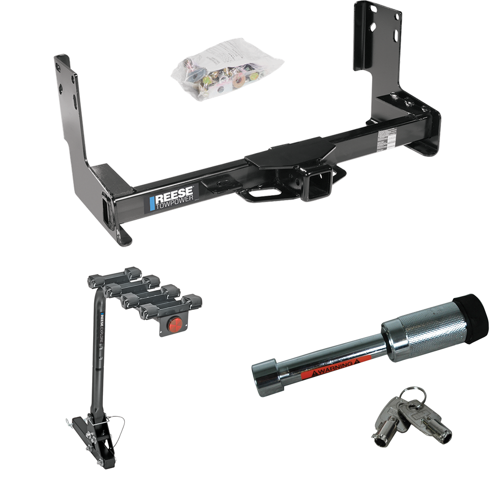 Fits 2007-2009 Dodge Sprinter 2500 Trailer Hitch Tow PKG w/ 4 Bike Carrier Rack + Hitch Lock (Excludes: w/Factory Step Bumper Models) By Reese Towpower