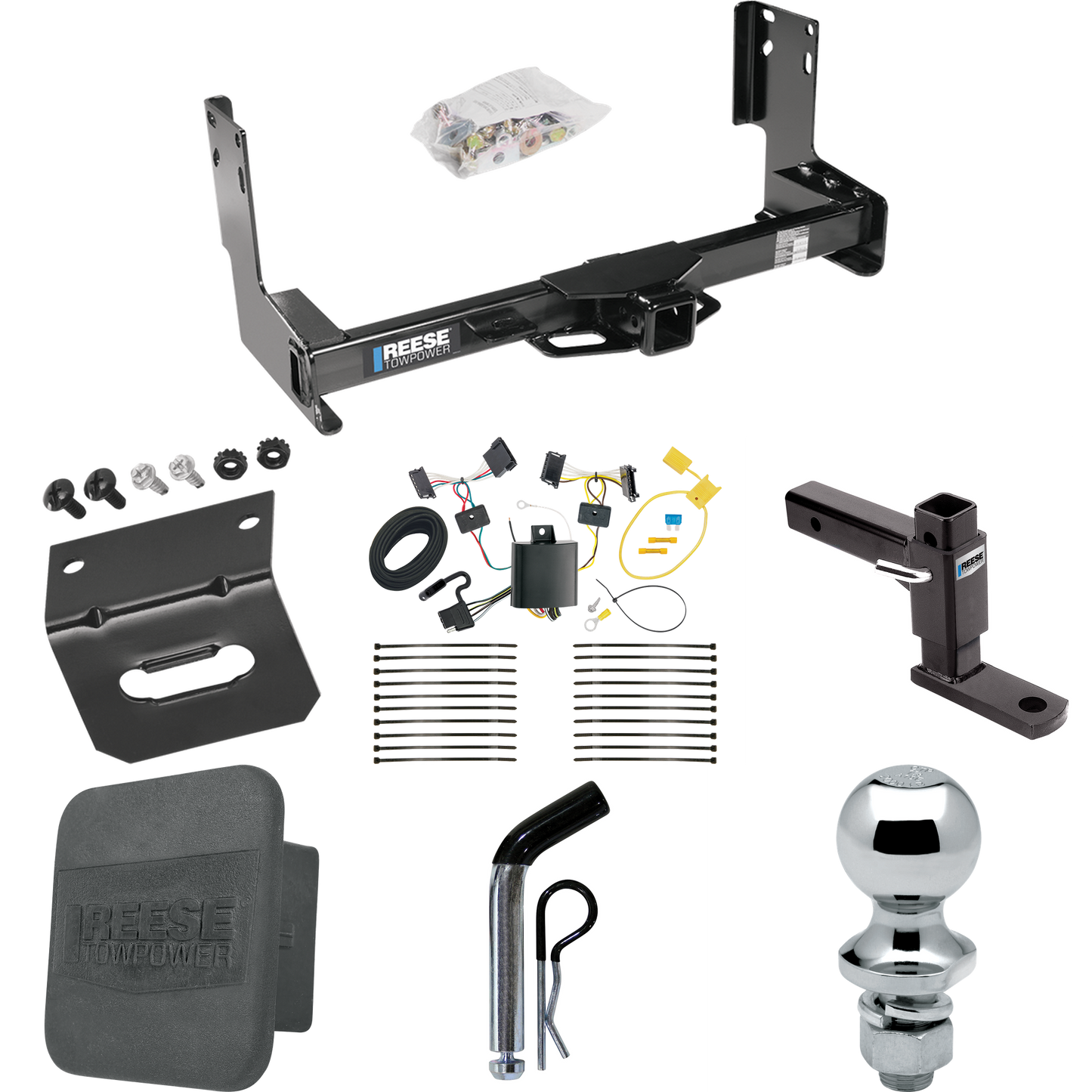 Fits 2007-2009 Dodge Sprinter 2500 Trailer Hitch Tow PKG w/ 4-Flat Wiring + Adjustable Drop Rise Ball Mount + Pin/Clip + 1-7/8" Ball + Wiring Bracket + Hitch Cover (Excludes: w/Factory Step Bumper Models) By Reese Towpower