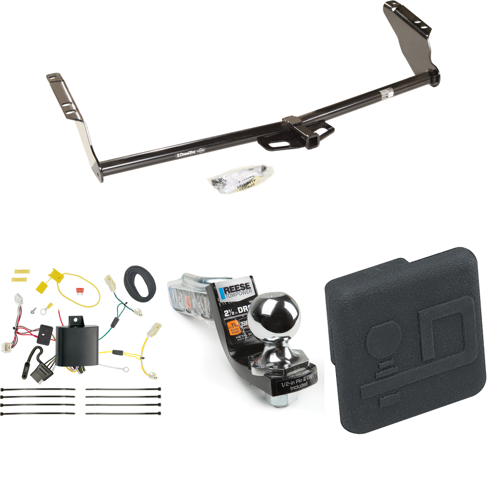 Fits 2011-2014 Toyota Sienna Trailer Hitch Tow PKG w/ 4-Flat Wiring Harness + Interlock Starter Kit w/ 2" Ball 2-1/2" Drop 2" Rise + Hitch Cover By Draw-Tite