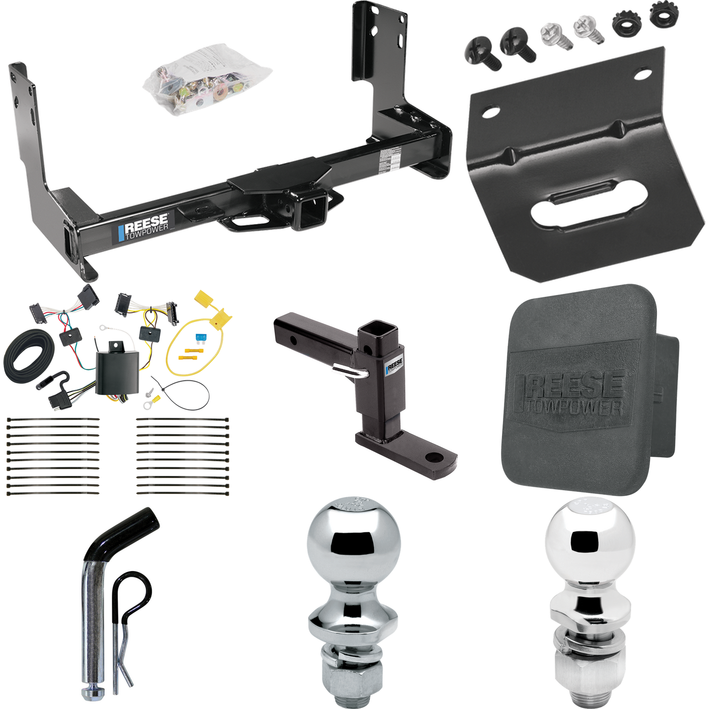 Fits 2007-2009 Dodge Sprinter 3500 Trailer Hitch Tow PKG w/ 4-Flat Wiring + Adjustable Drop Rise Ball Mount + Pin/Clip + 2" Ball + 1-7/8" Ball + Wiring Bracket + Hitch Cover (Excludes: w/Factory Step Bumper Models) By Reese Towpower