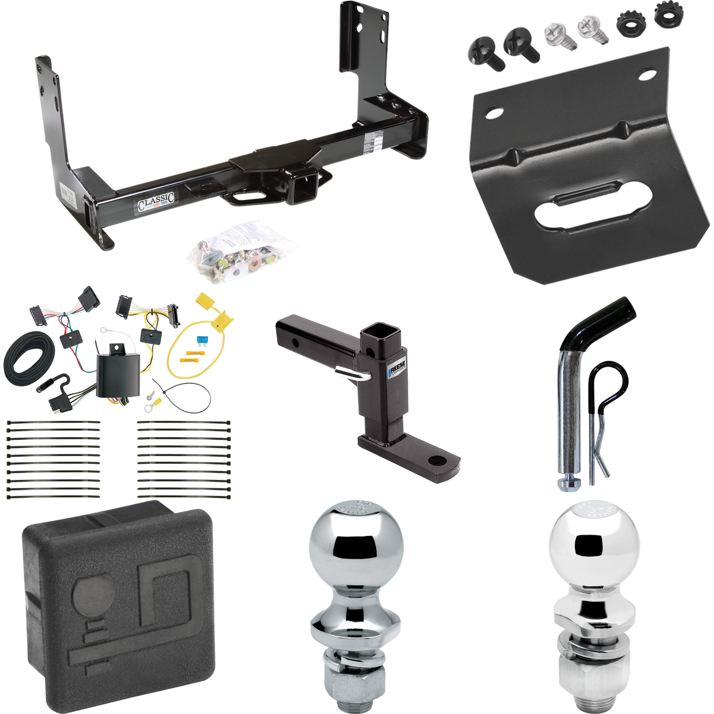 Fits 2007-2009 Dodge Sprinter 3500 Trailer Hitch Tow PKG w/ 4-Flat Wiring + Adjustable Drop Rise Ball Mount + Pin/Clip + 2" Ball + 1-7/8" Ball + Wiring Bracket + Hitch Cover (Excludes: w/Factory Step Bumper Models) By Draw-Tite