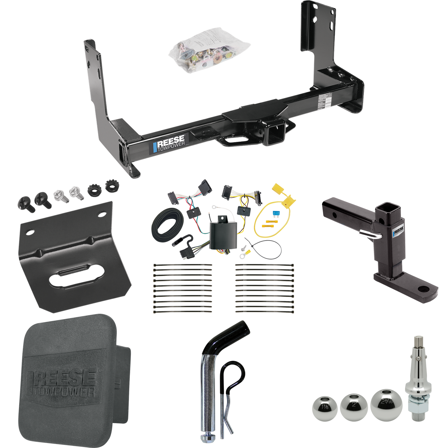 Fits 2007-2009 Dodge Sprinter 2500 Trailer Hitch Tow PKG w/ 4-Flat Wiring + Adjustable Drop Rise Ball Mount + Pin/Clip + Inerchangeable 1-7/8" & 2" & 2-5/16" Balls + Wiring Bracket + Hitch Cover (Excludes: w/Factory Step Bumper Models) By Reese Towpo