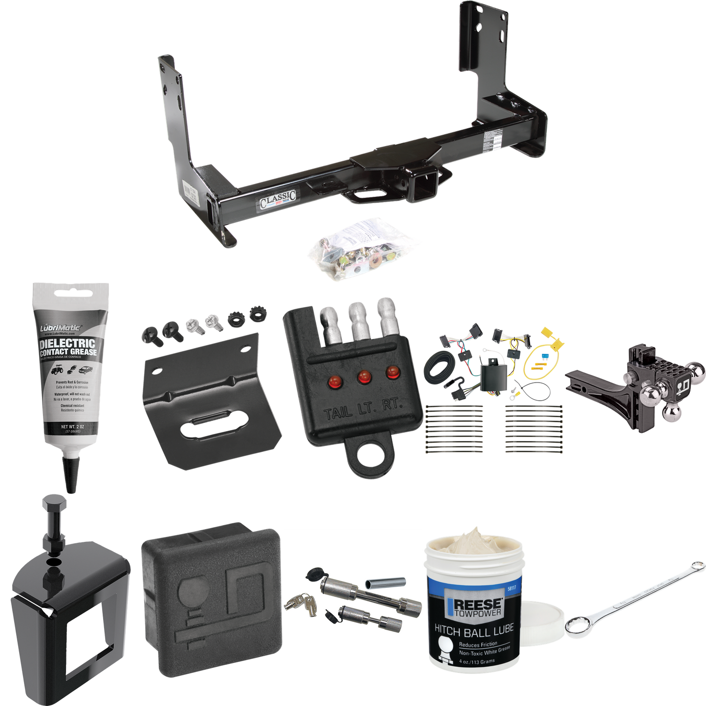 Fits 2007-2013 Freightliner Sprinter 3500 Trailer Hitch Tow PKG w/ 4-Flat Wiring + Adjustable Drop Rise Triple Ball Ball Mount 1-7/8" & 2" & 2-5/16" Trailer Balls + Wiring Bracket + Hitch Cover + Dual Hitch & Coupler Locks + Wiring Tester + Ball Lube