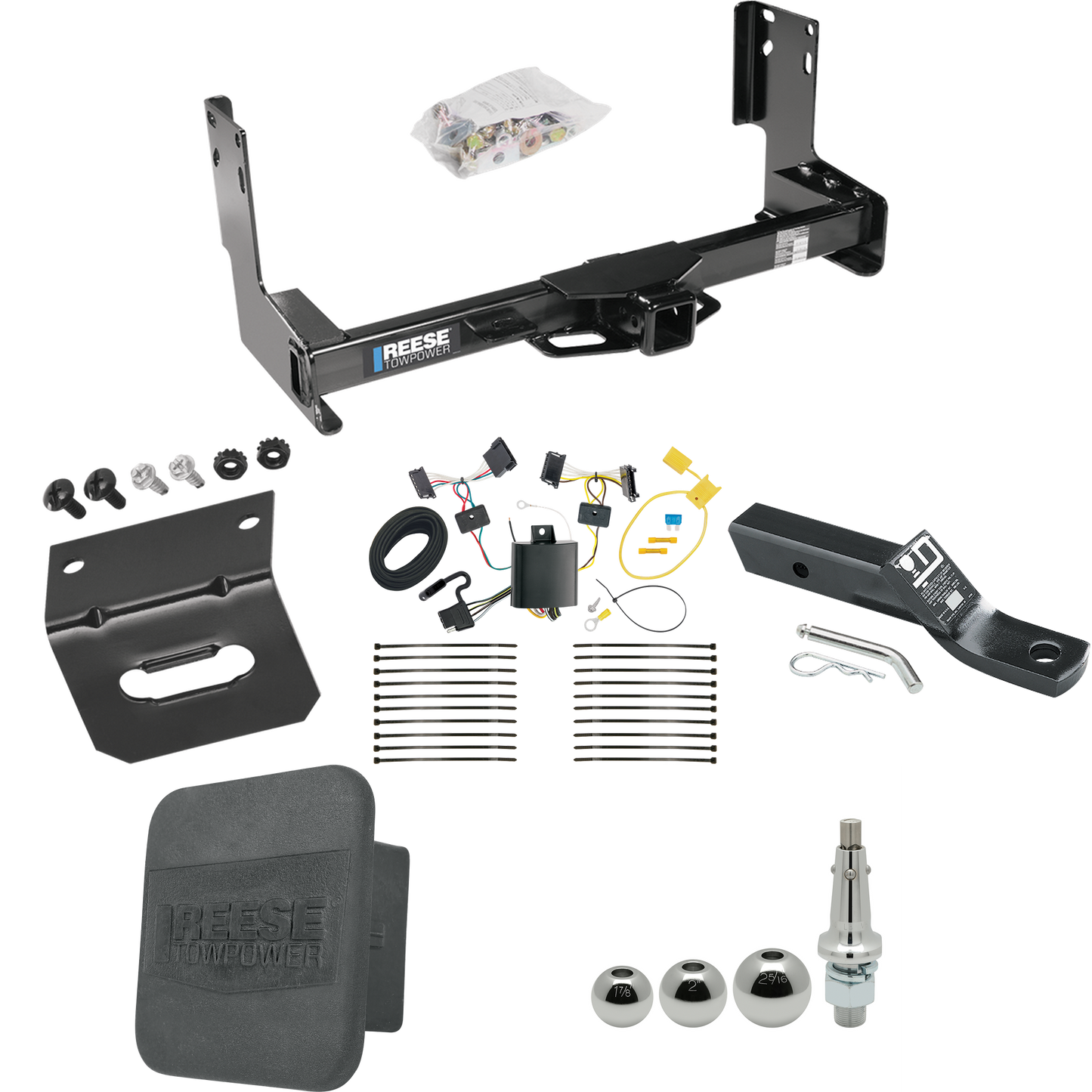 Fits 2007-2009 Dodge Sprinter 3500 Trailer Hitch Tow PKG w/ 4-Flat Wiring + Ball Mount w/ 2" Drop + Interchangeable Ball 1-7/8" & 2" & 2-5/16" + Wiring Bracket + Hitch Cover (Excludes: w/Factory Step Bumper Models) By Reese Towpower