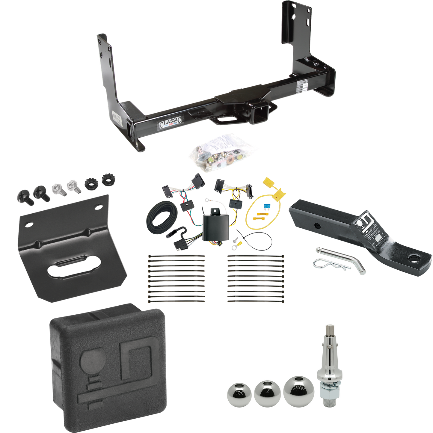 Fits 2007-2013 Freightliner Sprinter 2500 Trailer Hitch Tow PKG w/ 4-Flat Wiring + Ball Mount w/ 2" Drop + Interchangeable Ball 1-7/8" & 2" & 2-5/16" + Wiring Bracket + Hitch Cover (Excludes: w/Factory Step Bumper Models) By Draw-Tite