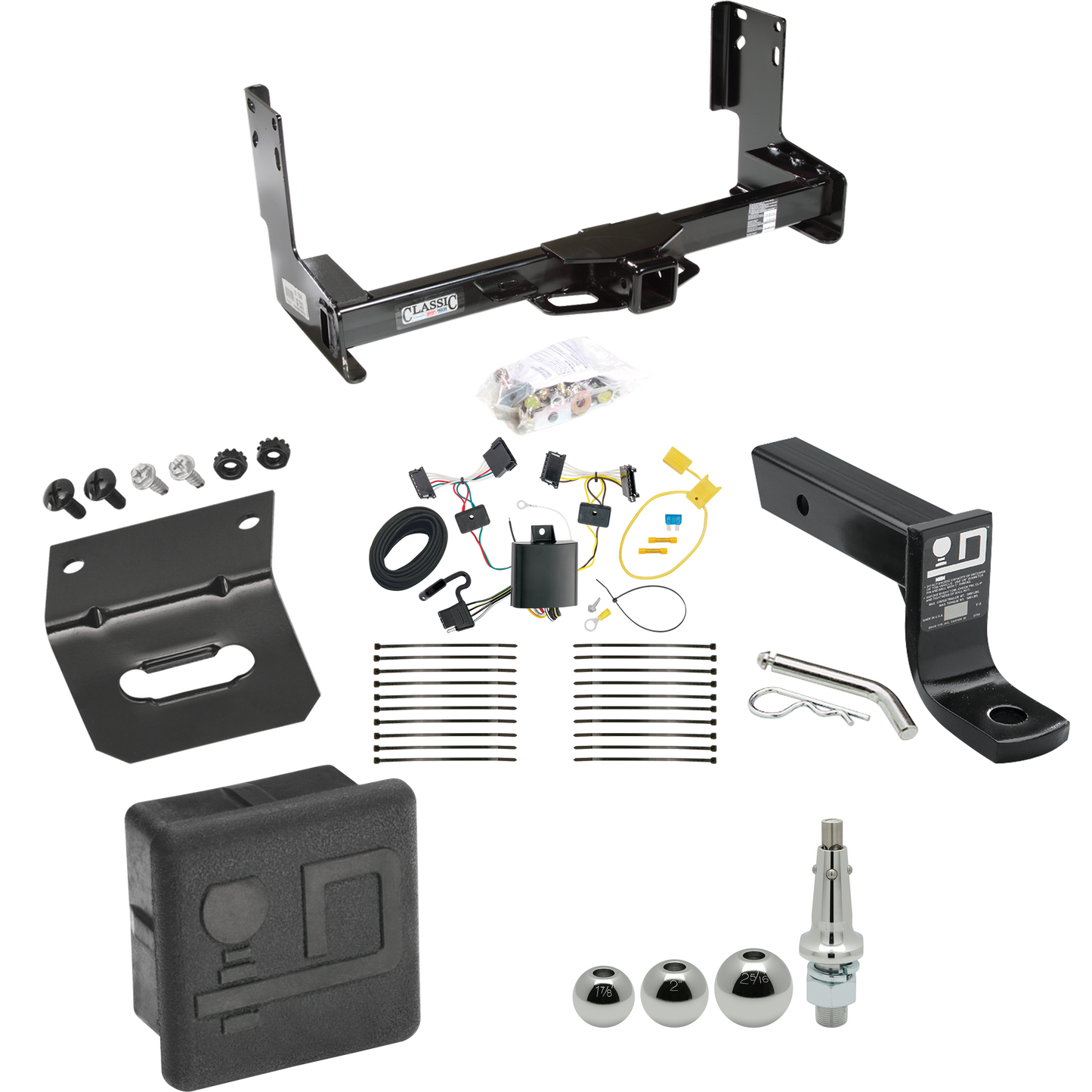 Fits 2007-2013 Freightliner Sprinter 3500 Trailer Hitch Tow PKG w/ 4-Flat Wiring + Ball Mount w/ 4" Drop + Interchangeable Ball 1-7/8" & 2" & 2-5/16" + Wiring Bracket + Hitch Cover (Excludes: w/Factory Step Bumper Models) By Draw-Tite