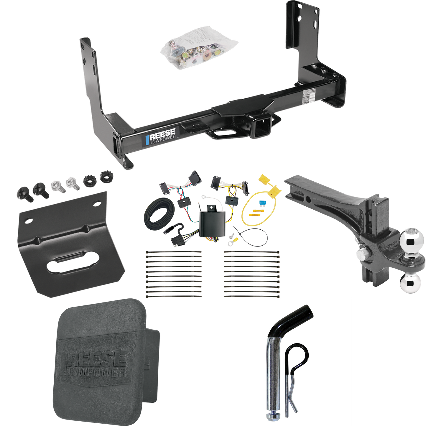 Fits 2007-2009 Dodge Sprinter 2500 Trailer Hitch Tow PKG w/ 4-Flat Wiring + Dual Adjustable Drop Rise Ball Ball Mount 2" & 2-5/16" Trailer Balls + Pin/Clip + Wiring Bracket + Hitch Cover (Excludes: w/Factory Step Bumper Models) By Reese Towpower